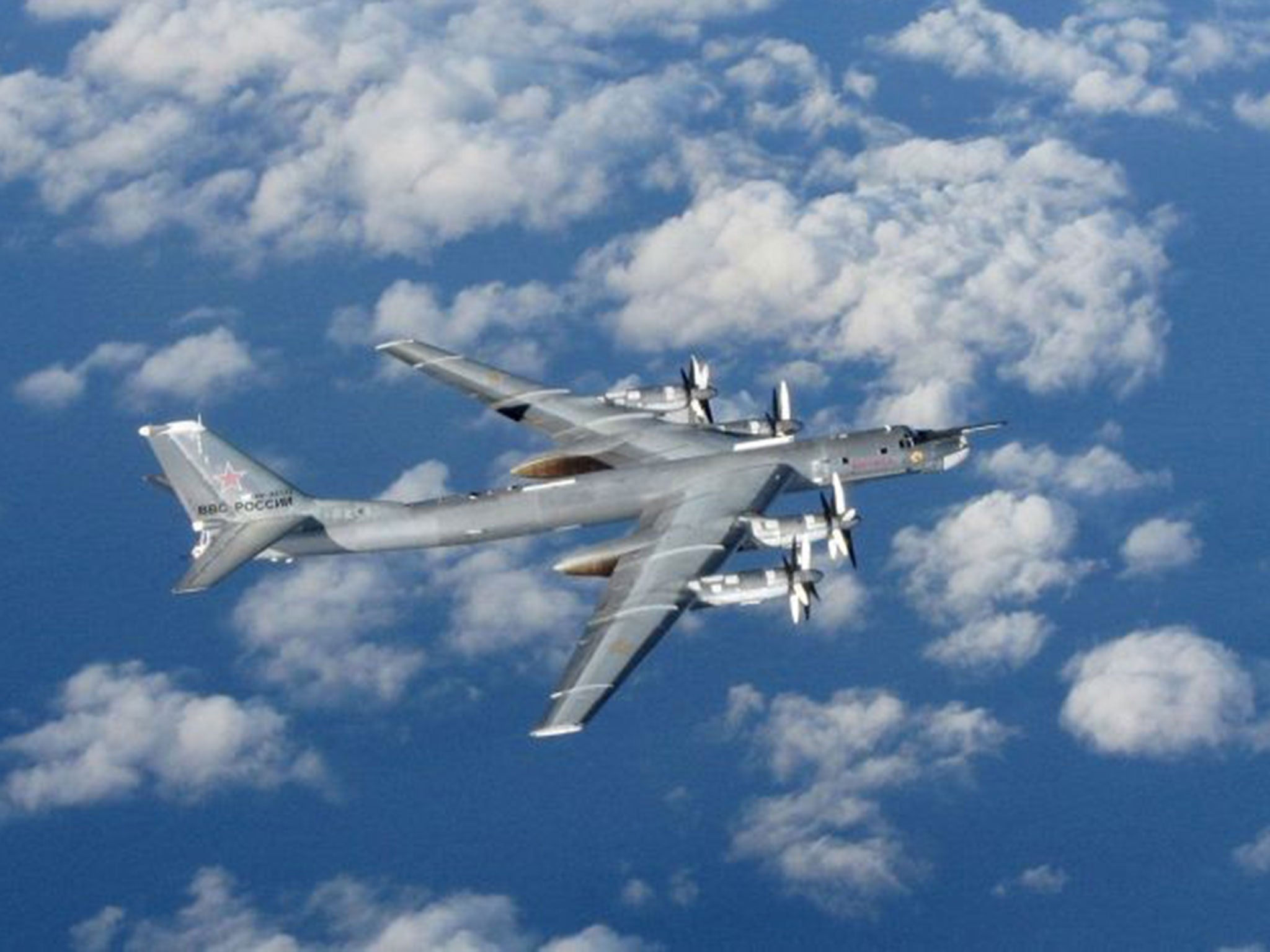 A Russian Bear 'H' aircraft photographed from an intercepting RAF Typhoon near UK airspace