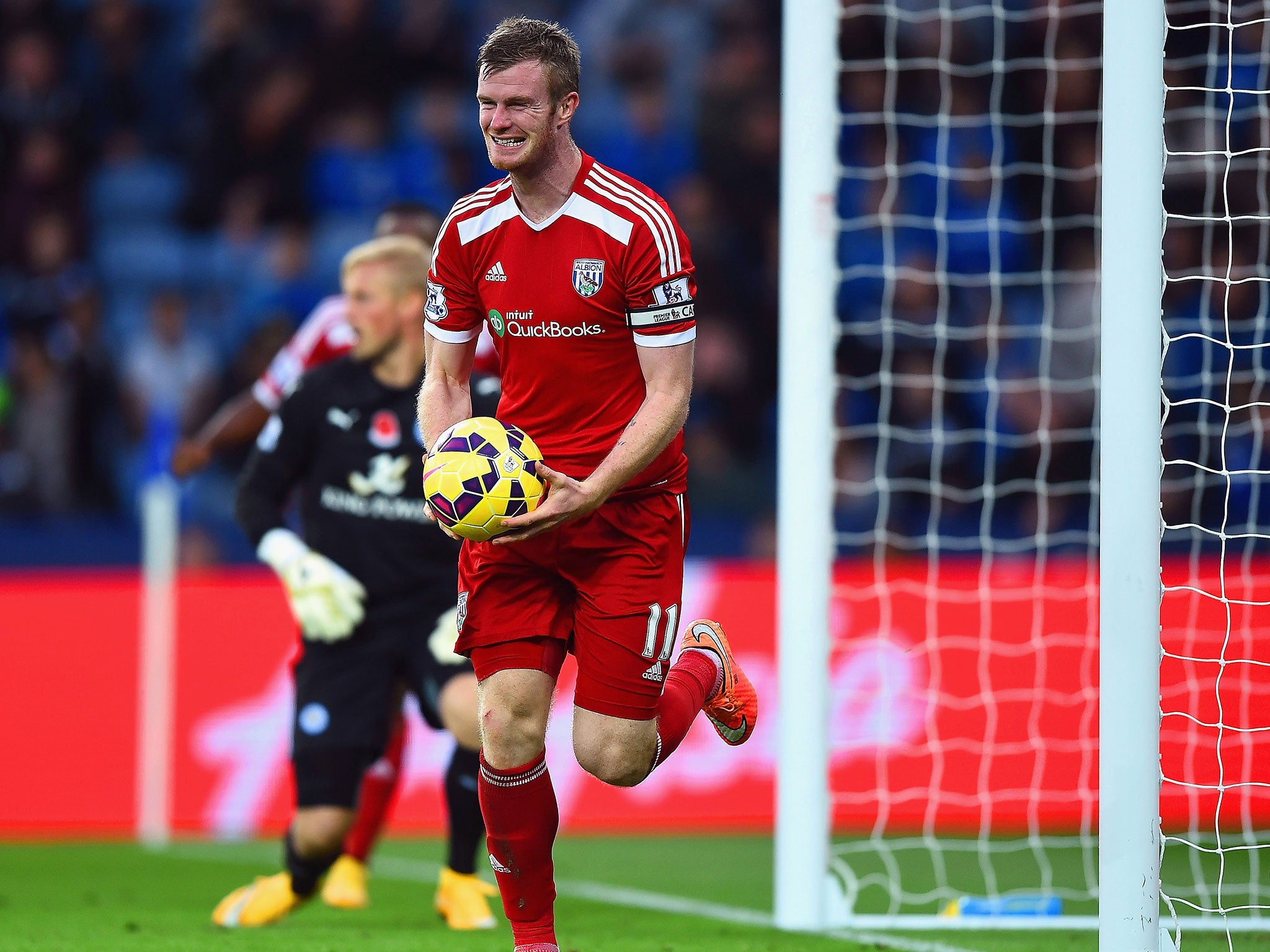Chris Brunt celebrates after Esteban Cambiasso's own-goal gives West Brom the lead