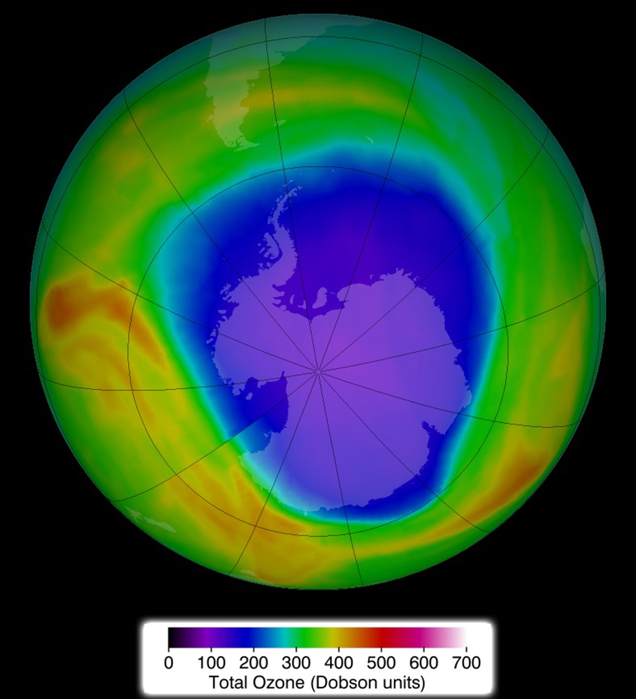 Ozone concentrations above Antarctica on 30 September 2014.