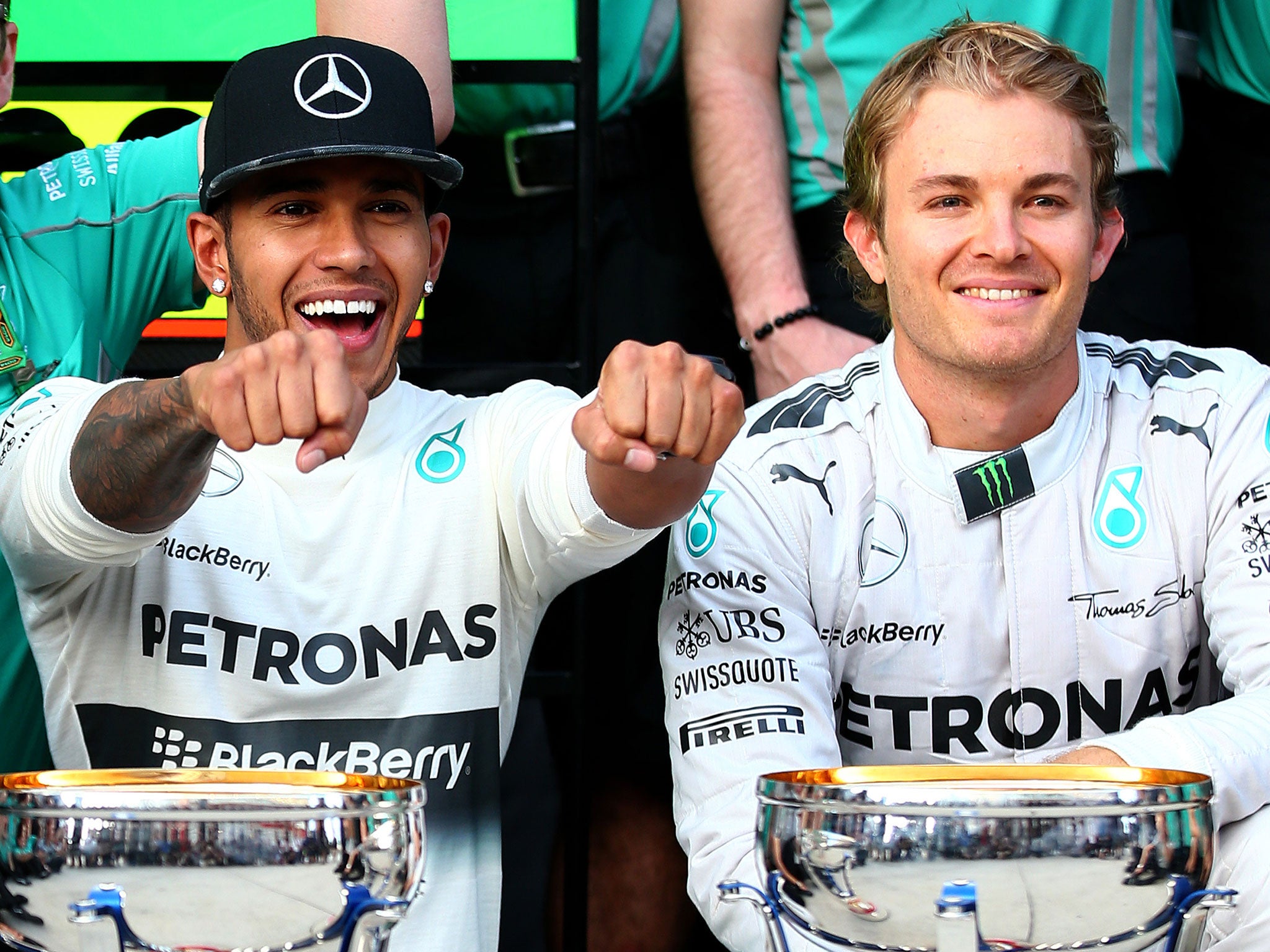 Lewis Hamilton and Nico Rosberg celebrate their one-two at the United States Grand Prix