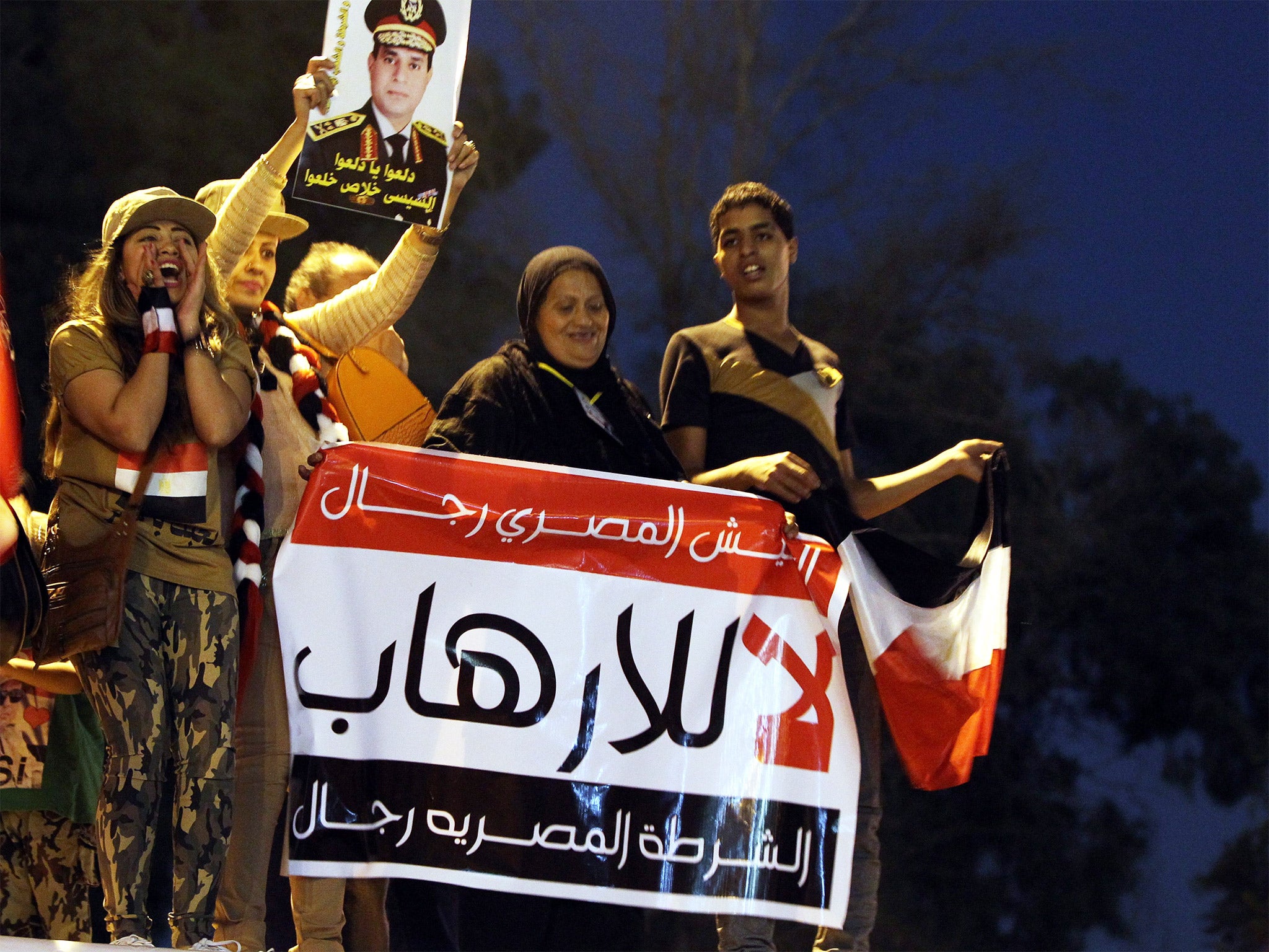 Egyptians hold a banner reading in arabic 'no to terror' during a protest against terrorism in Cairo