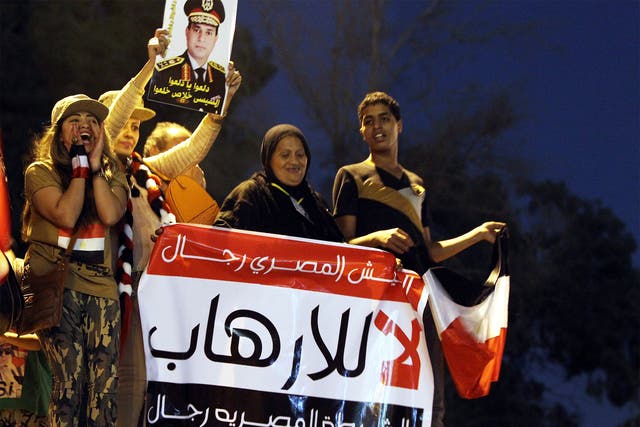 Egyptians hold a banner reading in arabic 'no to terror' during a protest against terrorism in Cairo