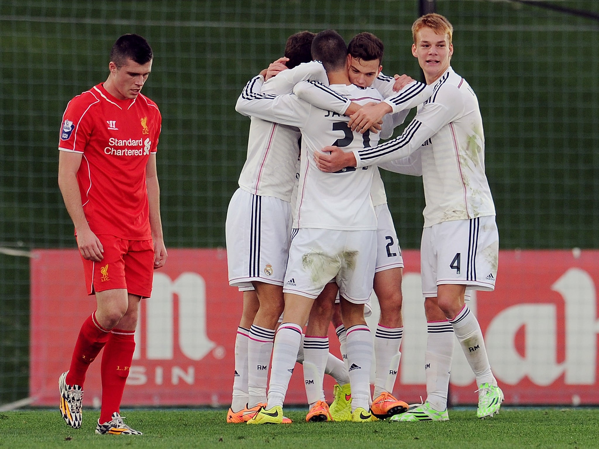 Jack Harper of Real Madrid celebrates after scoring during the Uefa Youth League match between Real Madrid and Liverpool