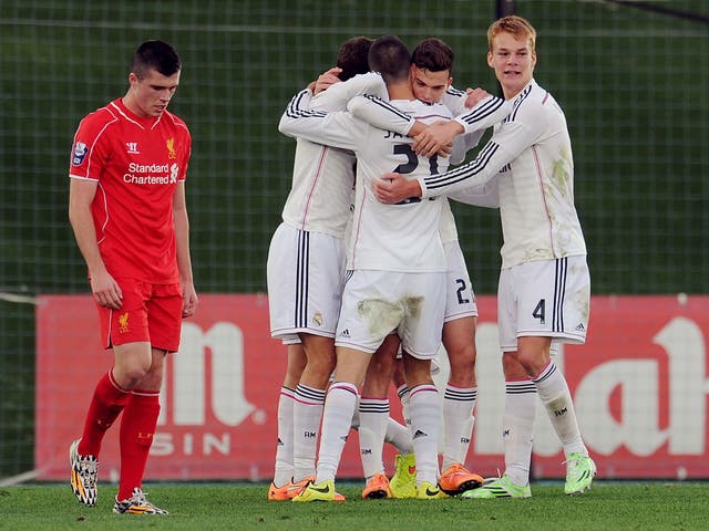 Jack Harper of Real Madrid celebrates after scoring during the Uefa Youth League match between Real Madrid and Liverpool 