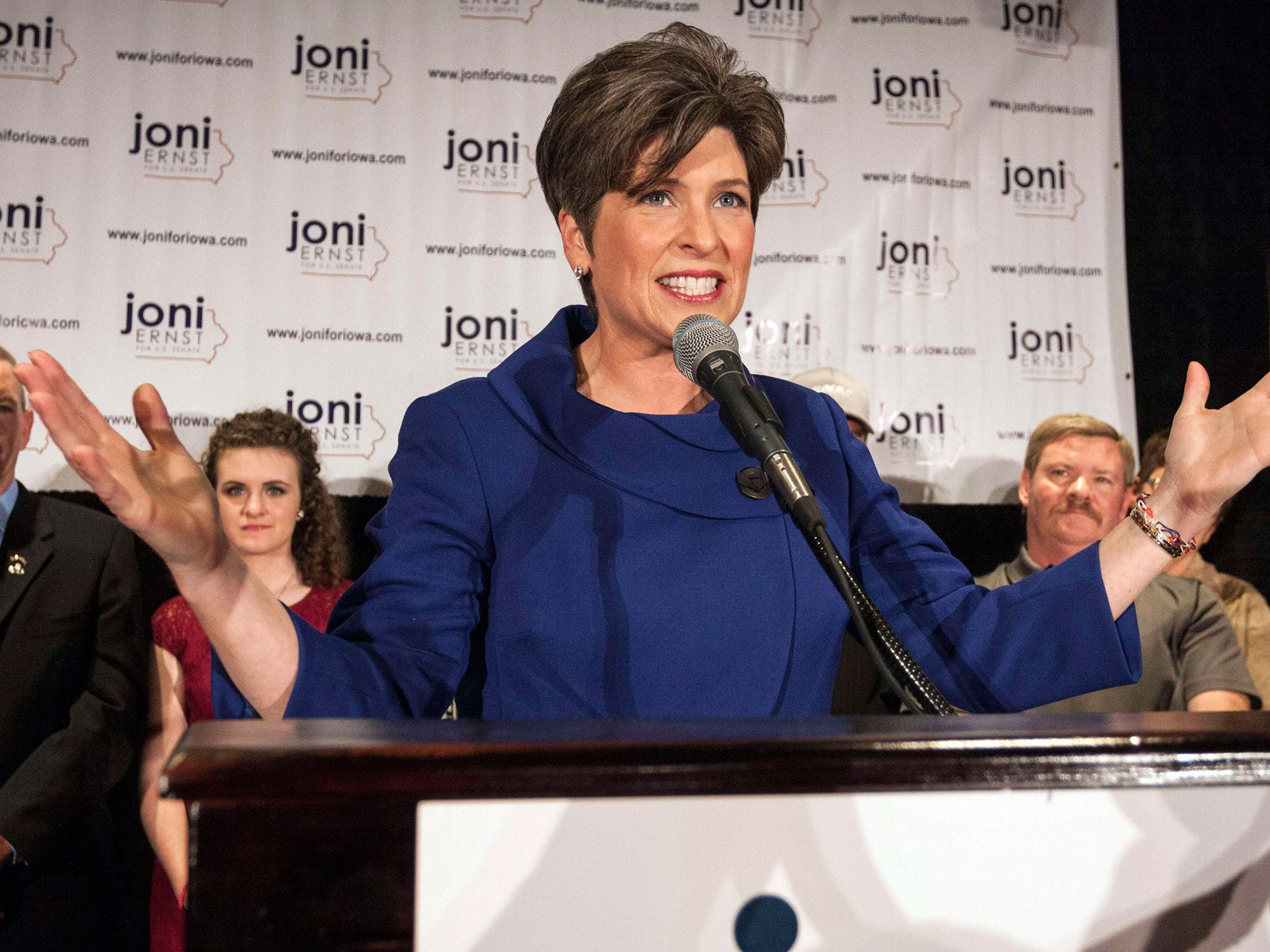 Republican Senator Joni Ernst reacts after victory in the U.S. Senate race during the U.S. midterm elections in West Des Moines, Iowa