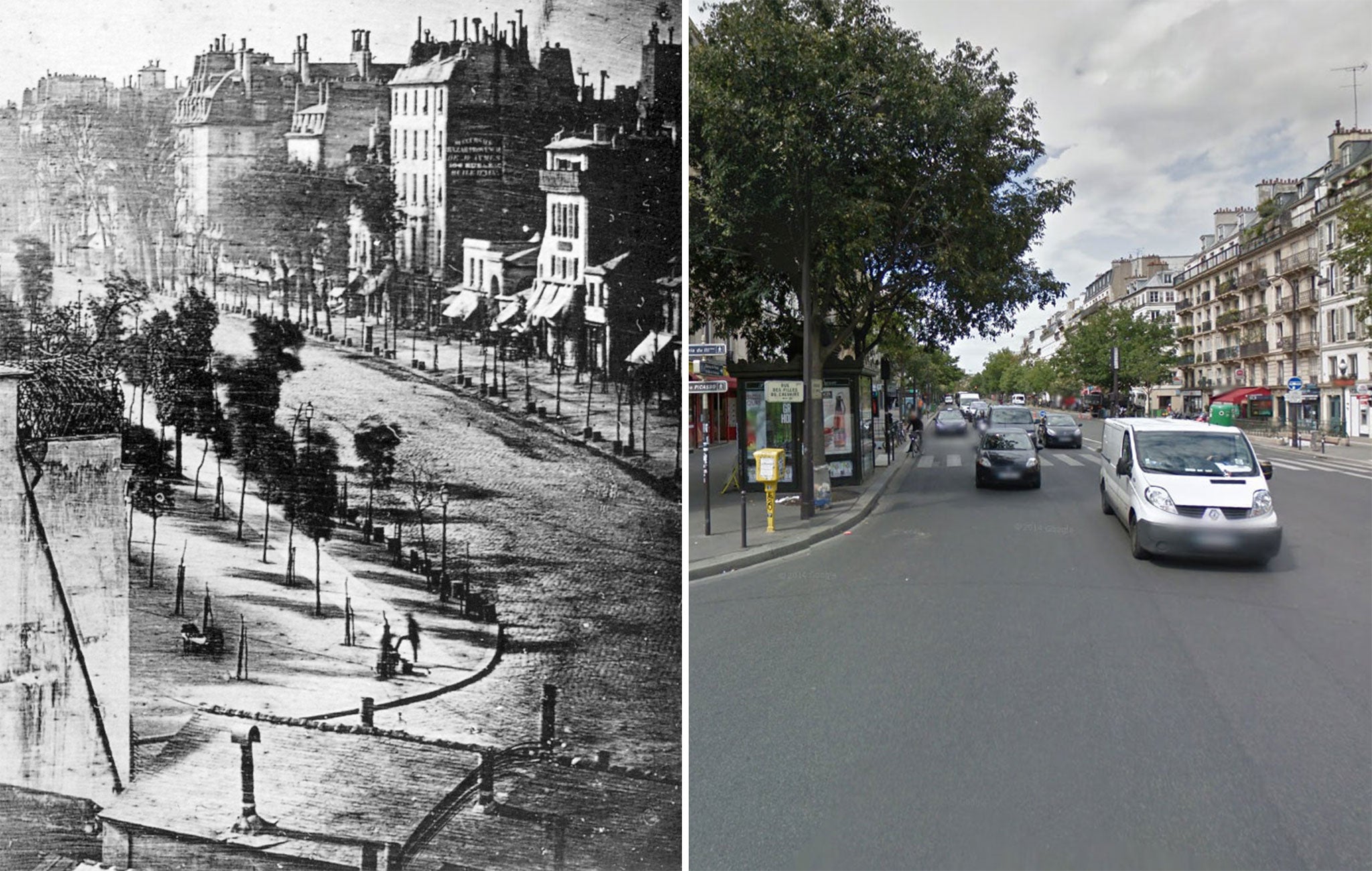 A reversed version of the first photograph ever to include a human being - and how the street in Paris looks today