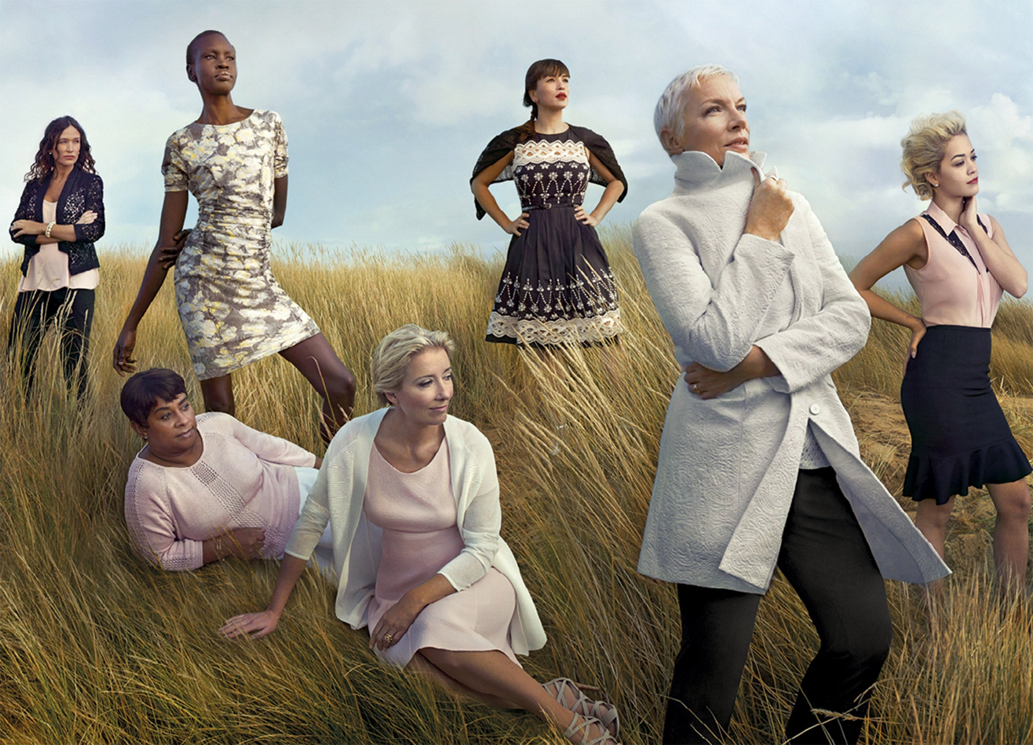 (Left to right) Lulu Kennedy, Alek Wek, Baroness Lawrence, Emma Thompson, Rachel Khoo, Annie Lennox and Rita Ora in M&S’s 2014 campaign