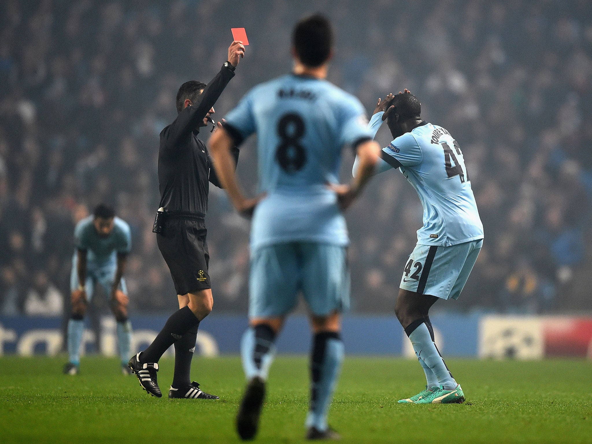 Yaya Toure is shown a red card in the 2-1 defeat to CSKA Moscow