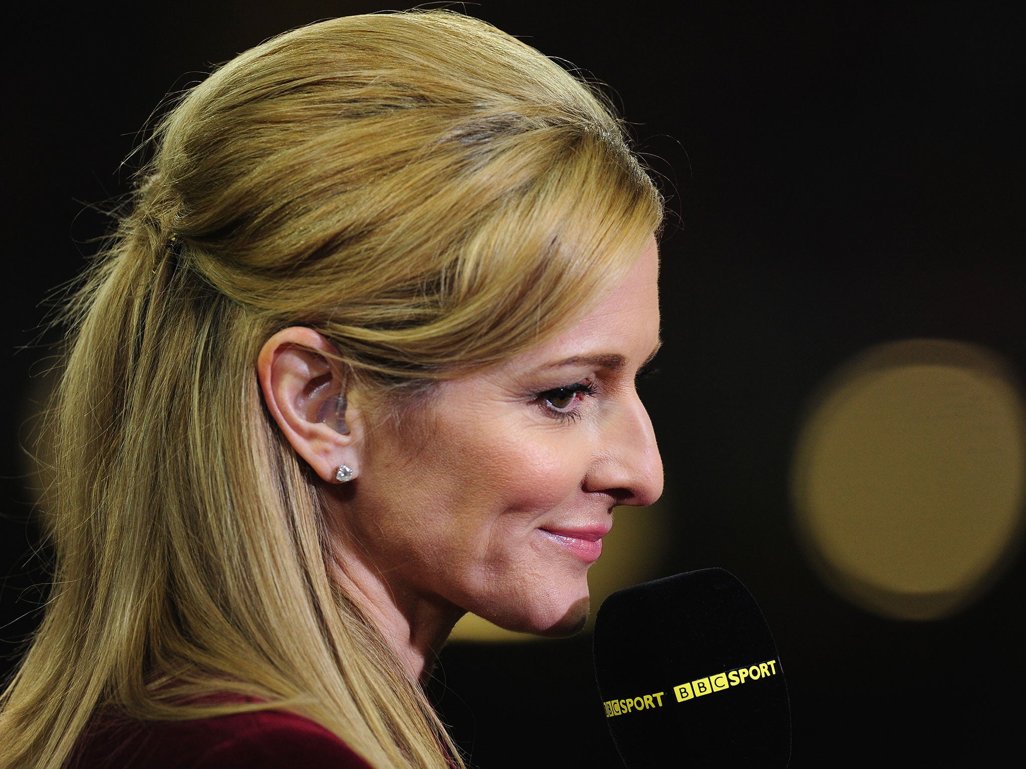 TV presenter Gabby Logan looks on before the RBS Six Nations match between Wales and Scotland at Millennium Stadium on March 15, 2014 in Cardiff, Wales.