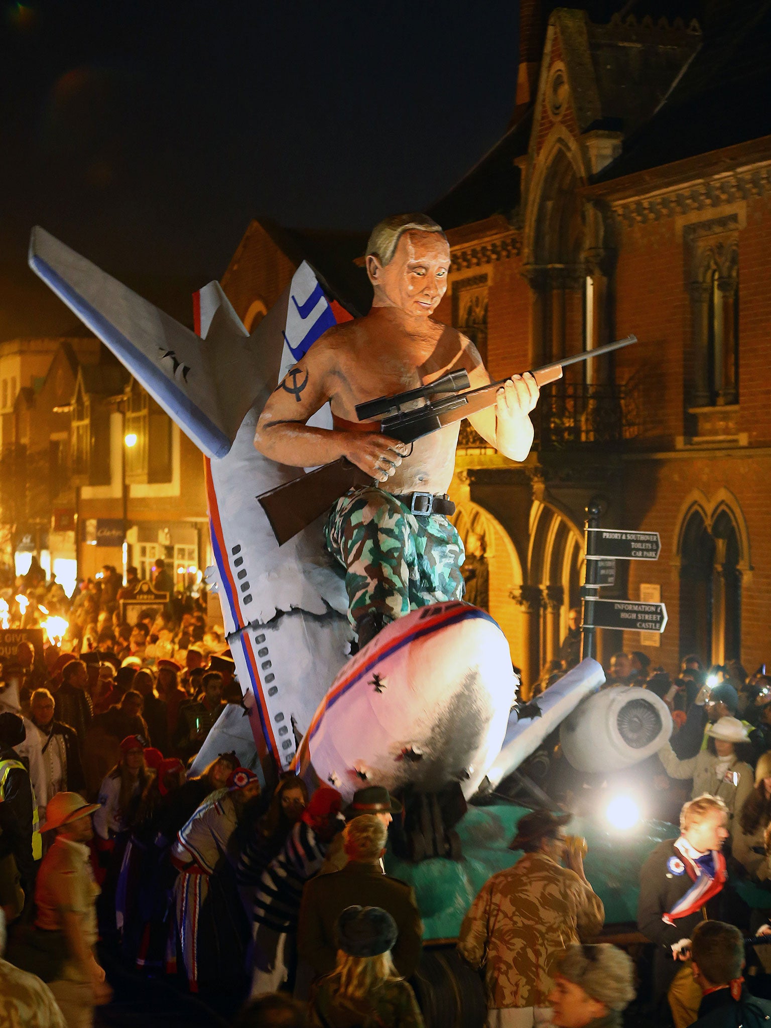 The annual bonfire night procession is held by the Lewes Bonfire Societies