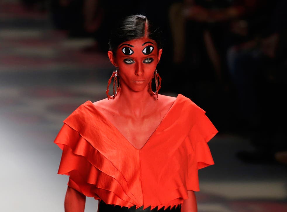 A model wears a creation from the Ronaldo Fraga Winter collection during the Sao Paulo Fashion Week in Sao Paulo, Brazil 