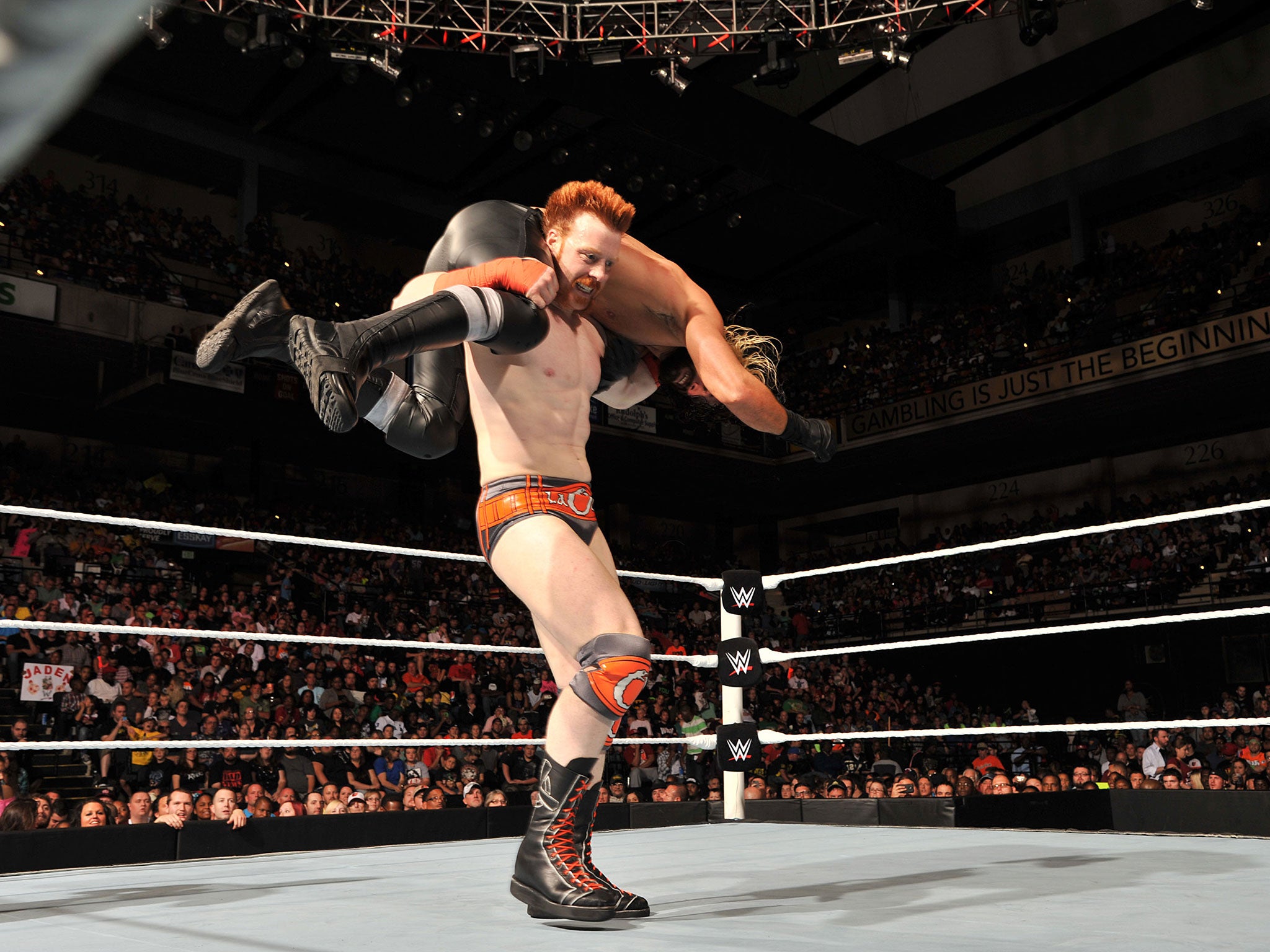 Sheamus hoist up Seth Rollins to deliver White Noise to Mr Money in the Bank