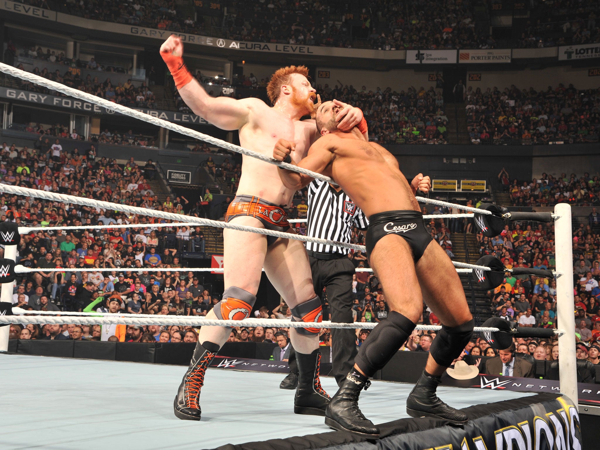 Sheamus ties up Cesaro on the ropes before unleashing 10 blows across his chest
