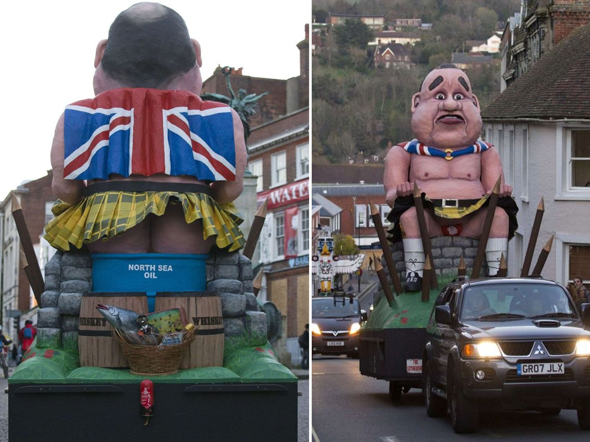 An effigy of defeated Scottish independence leader Alex Salmond is paraded through Lewes, Sussex, on November 5, 2014