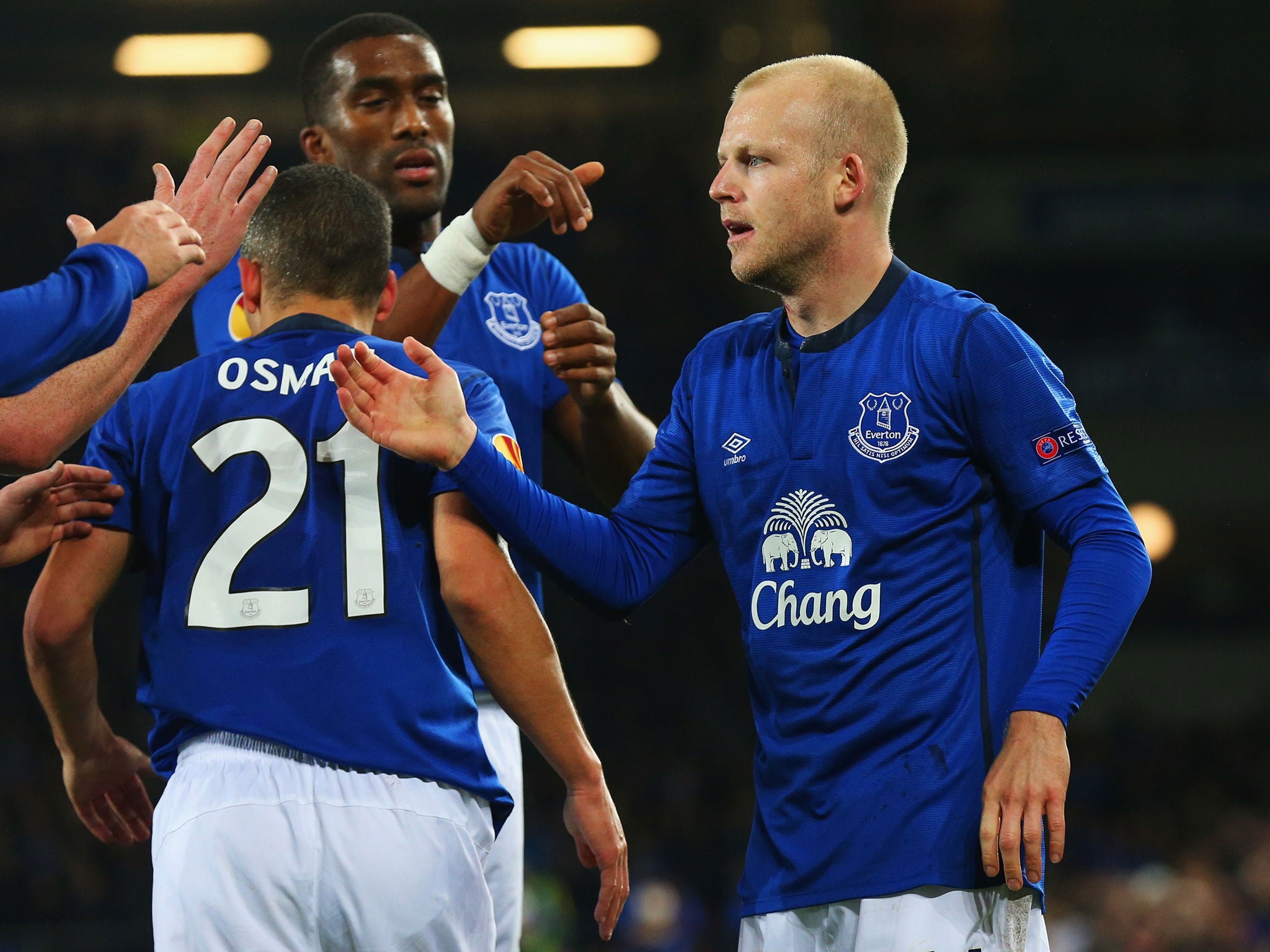 Steven Naismith celebrates scoring for Everton in the 3-0 win over Lille