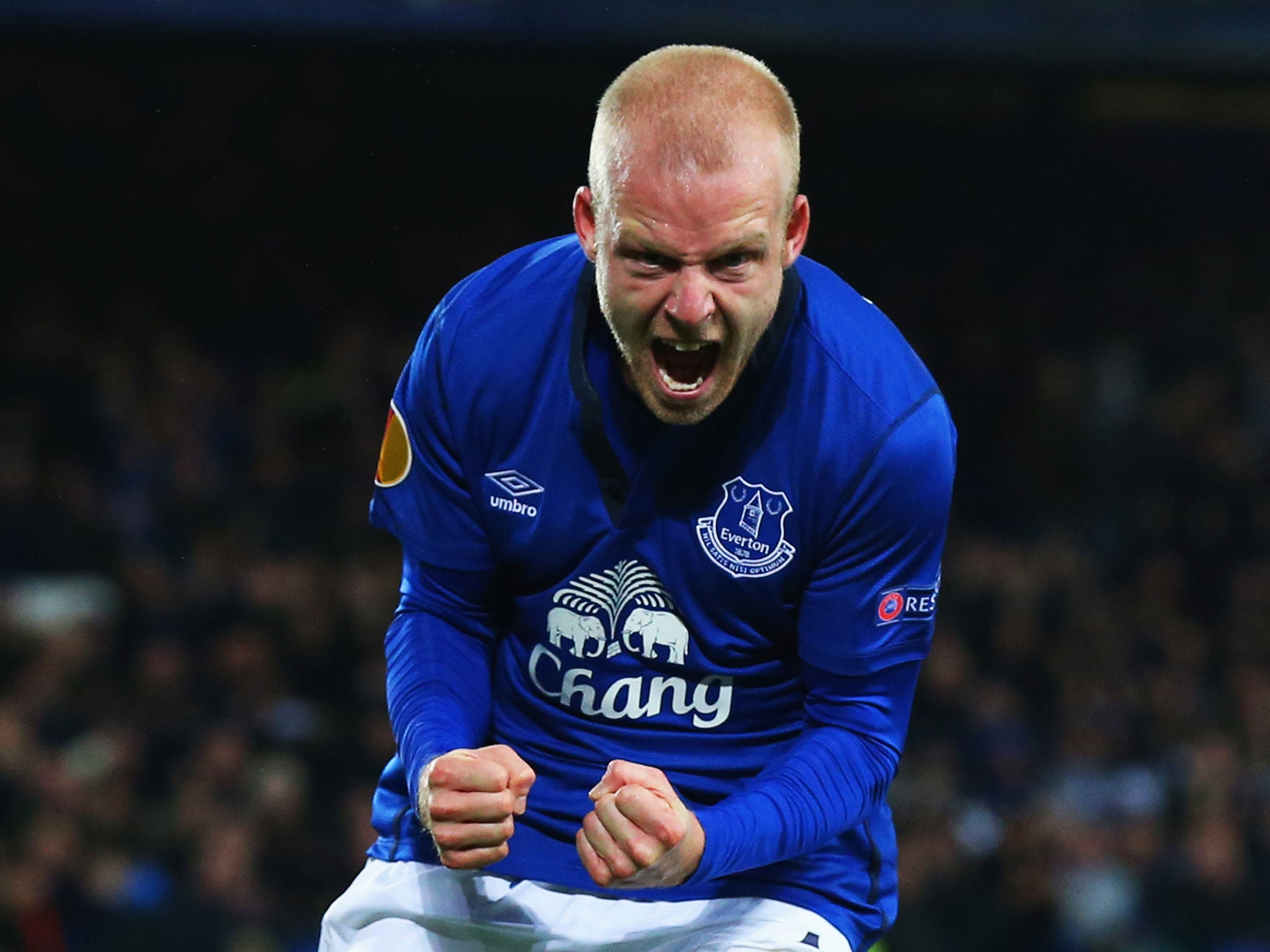 Steven Naismith celebrates scoring for Everton in the 3-0 win over Lille