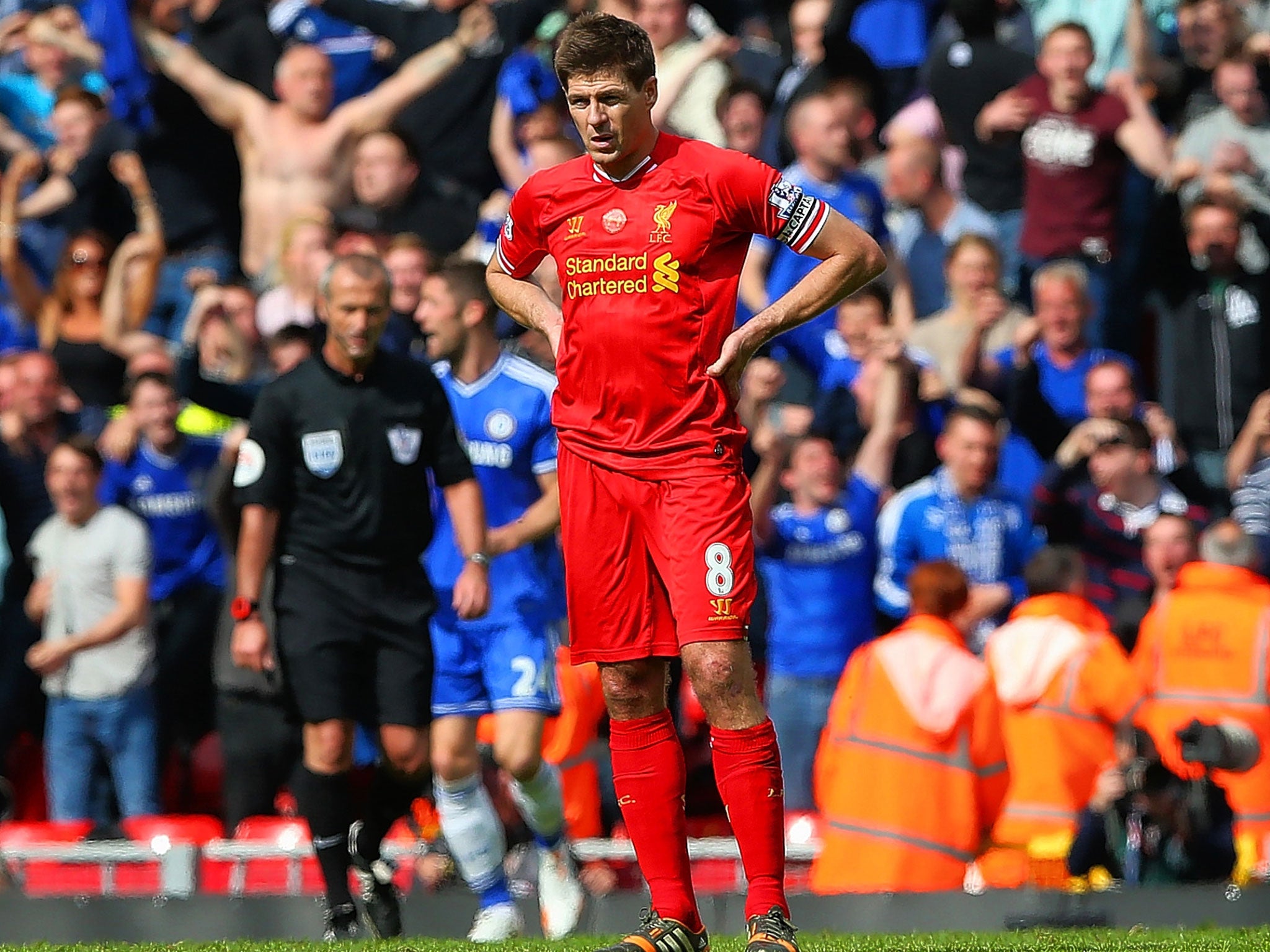 A dejected Steven Gerrard, of Liverpool, during last season’s defeat against Chelsea