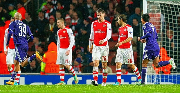 Aaron Ramsey looks dejected during the 3-3 draw with Anderlecht
