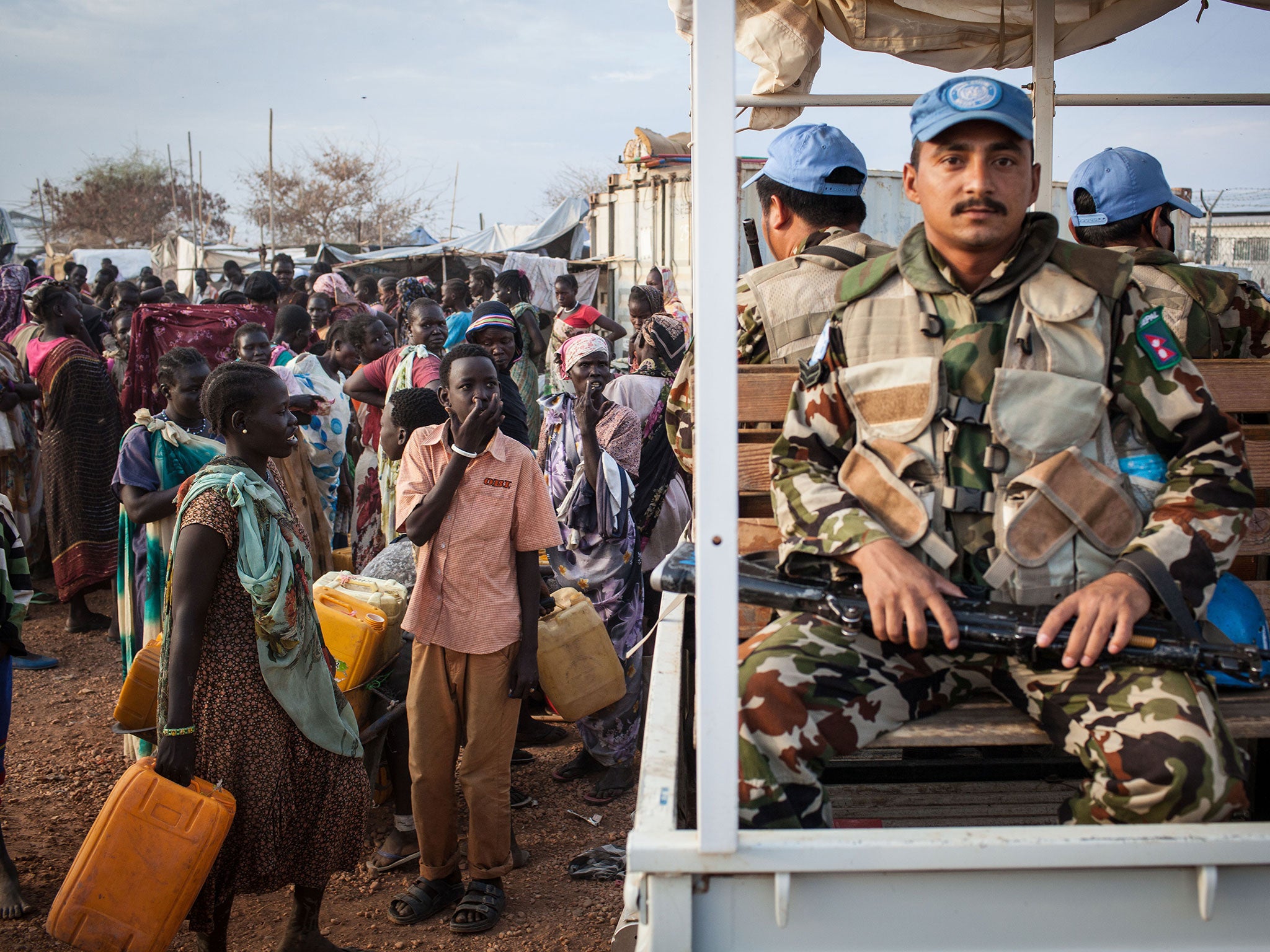 Displaced people – here in South Sudan with a UN patrol – are ‘traumatised and without assets’