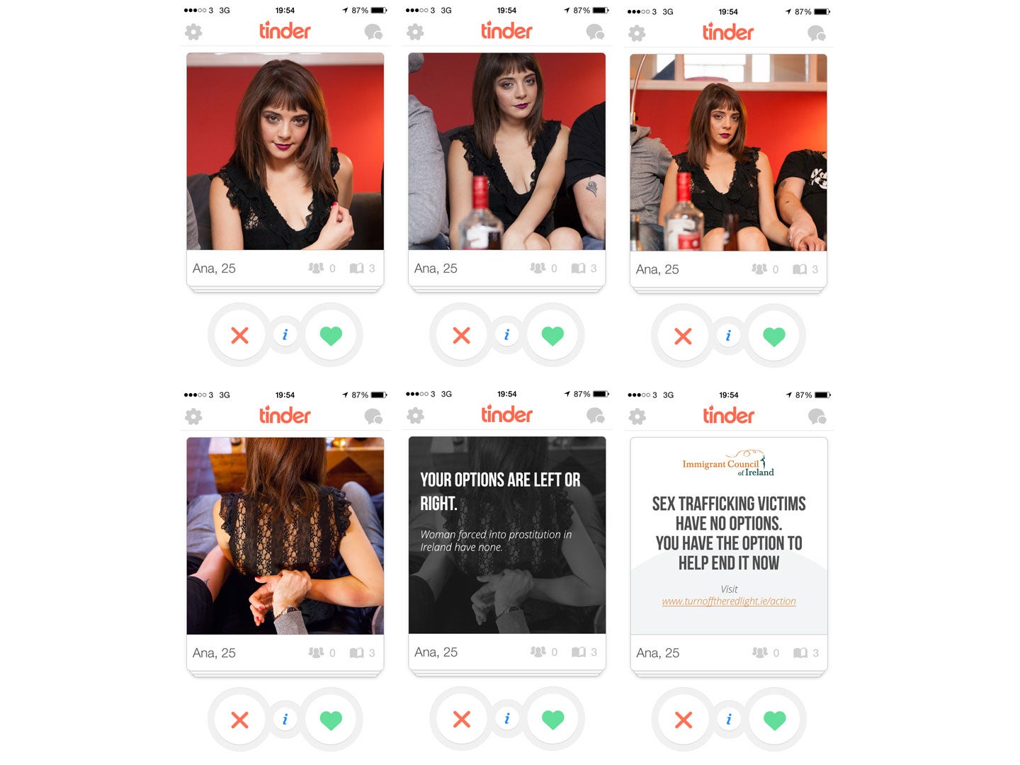 One of the fake profiles used on Tinder to highlight sex trafficking by EightyTwenty and the Irish Immigrant Council