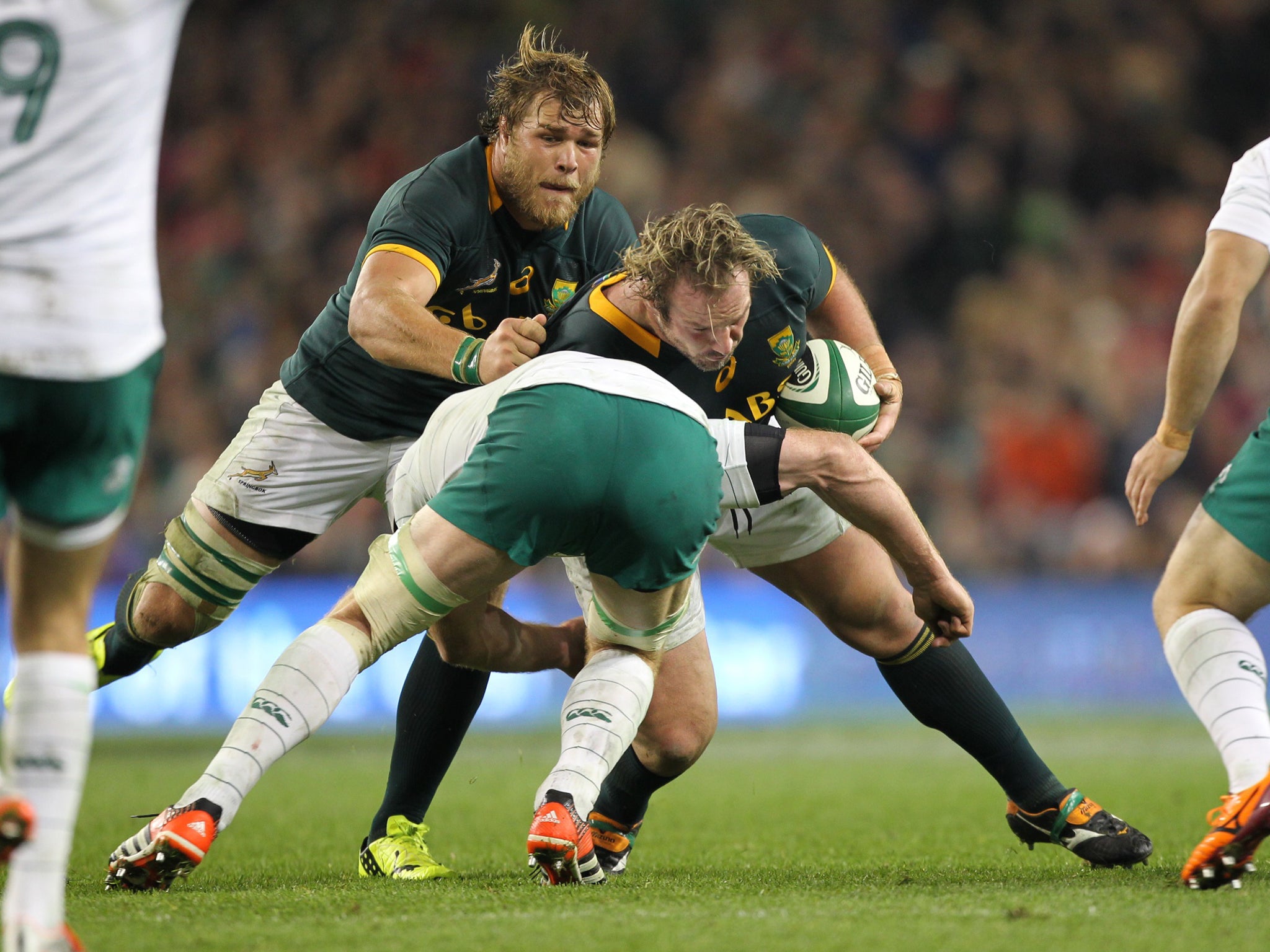 Jannie Du Plessis and Duane Vermeulen on the attack for South Africa during the 2014 Guinness series International match between Ireland and South Africa