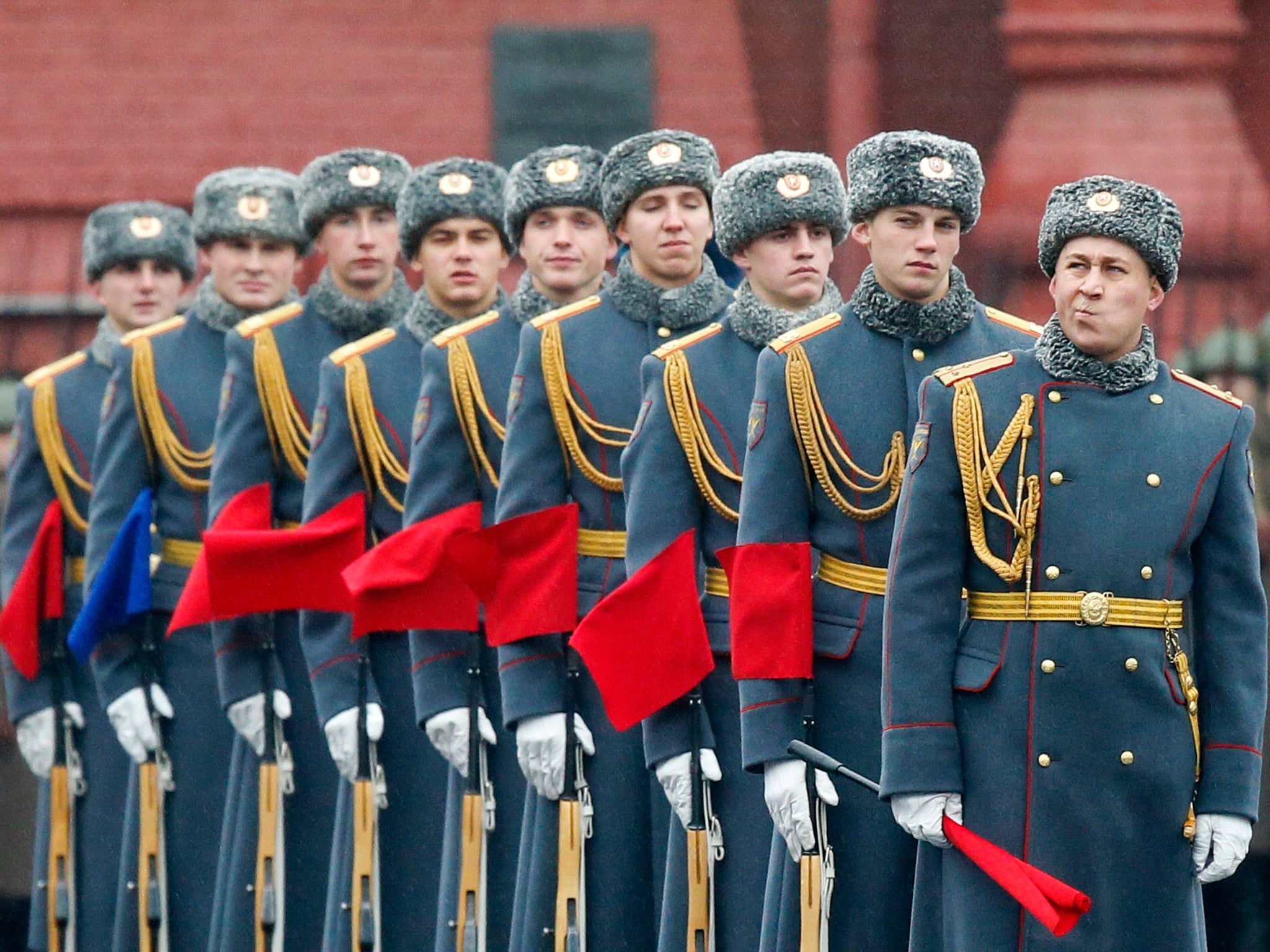 Servicemen line up during a military parade in Red Square in Moscow. The parade marked the anniversary of the 1941 parade when Soviet soldiers marched through the Red Square towards the front lines of World War Two