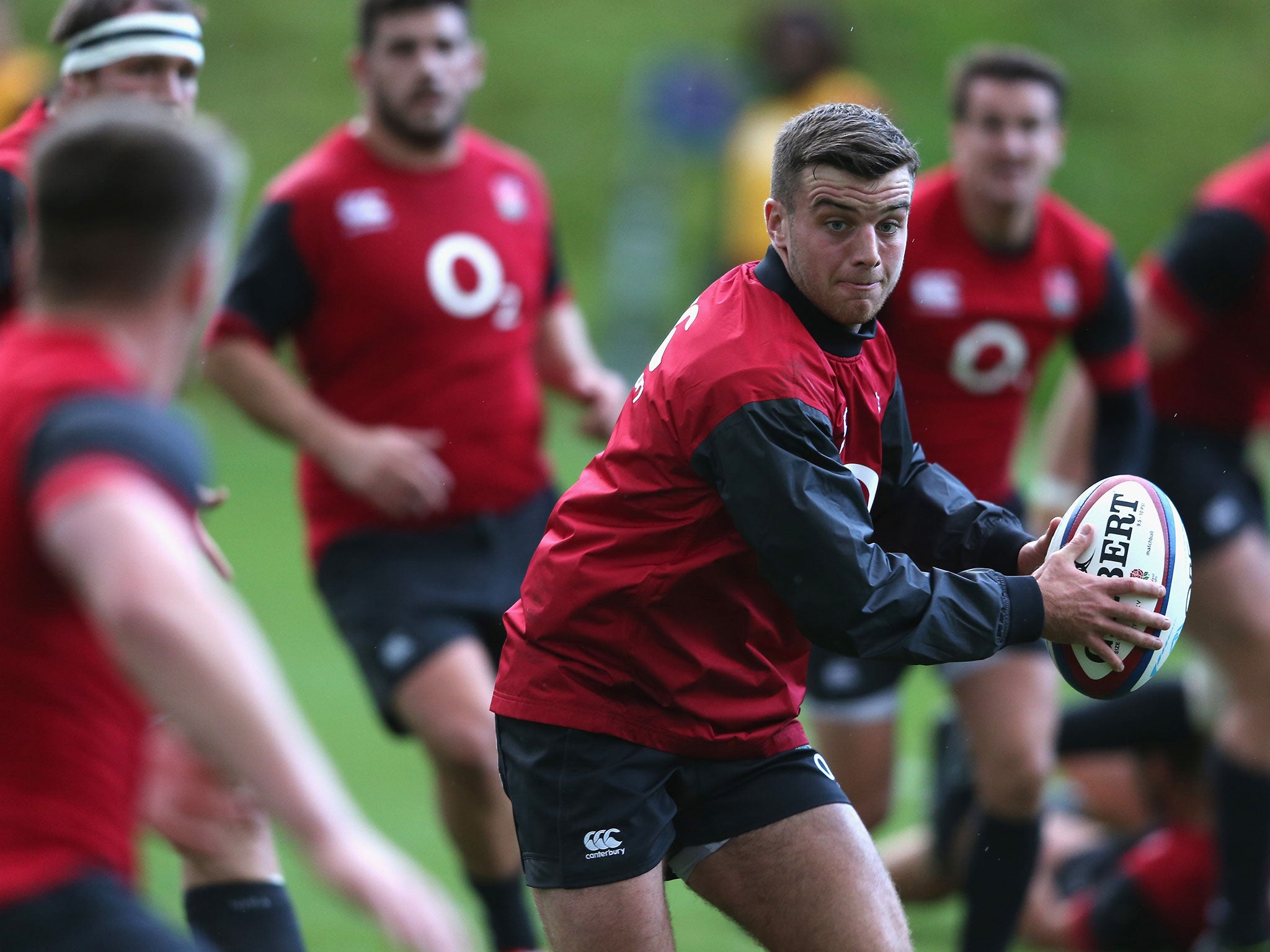 George Ford in the thick of the action during England training at Pennyhill Park ahead of Saturday’s match against South Africa at Twickenham