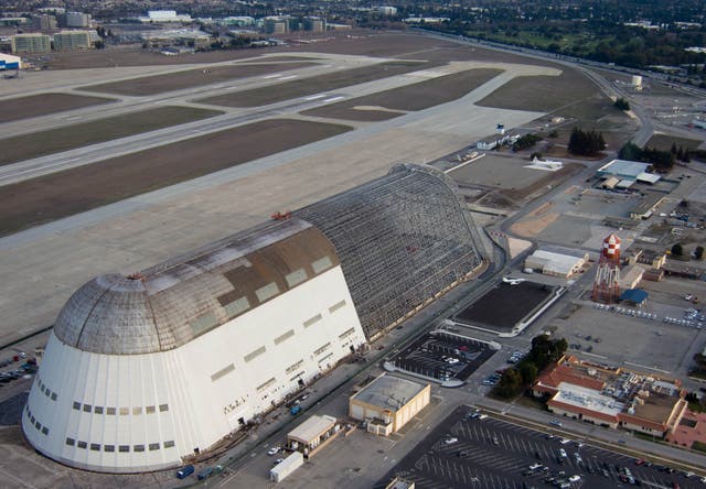 An aerial view of Moffett's Airfield with Hangar One in the foreground