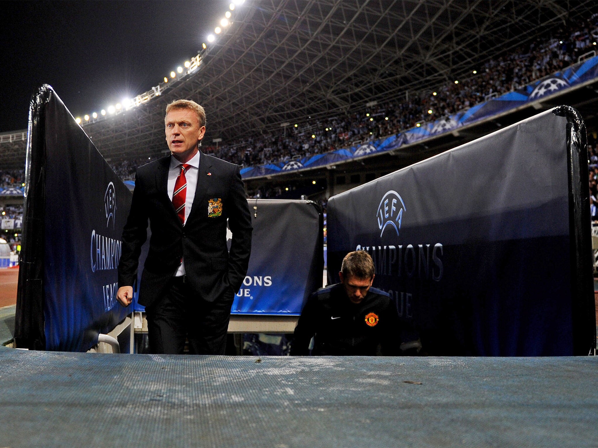 The then Manchester United manager David Moyes walks out of the tunnel for a Champions League tie at Real Sociedad last year