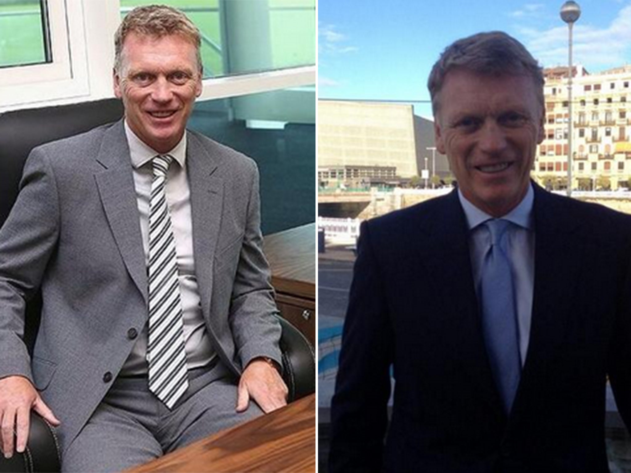 David Moyes on his arrival at Manchester United (left) and Real Sociedad