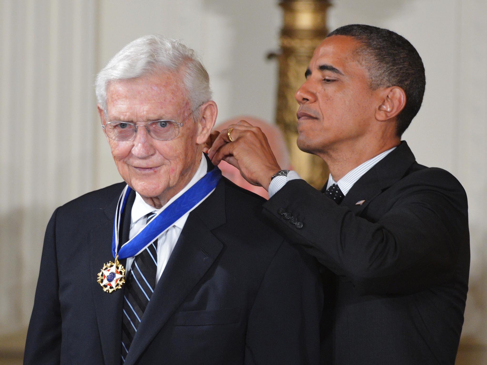 US President Barack Obama presents the Presidential Medal of Freedom to former assistant attorney general in charge, Civil Rights Division of the Department of Justice, John Doar in the East Room of the White House in Washington, DC