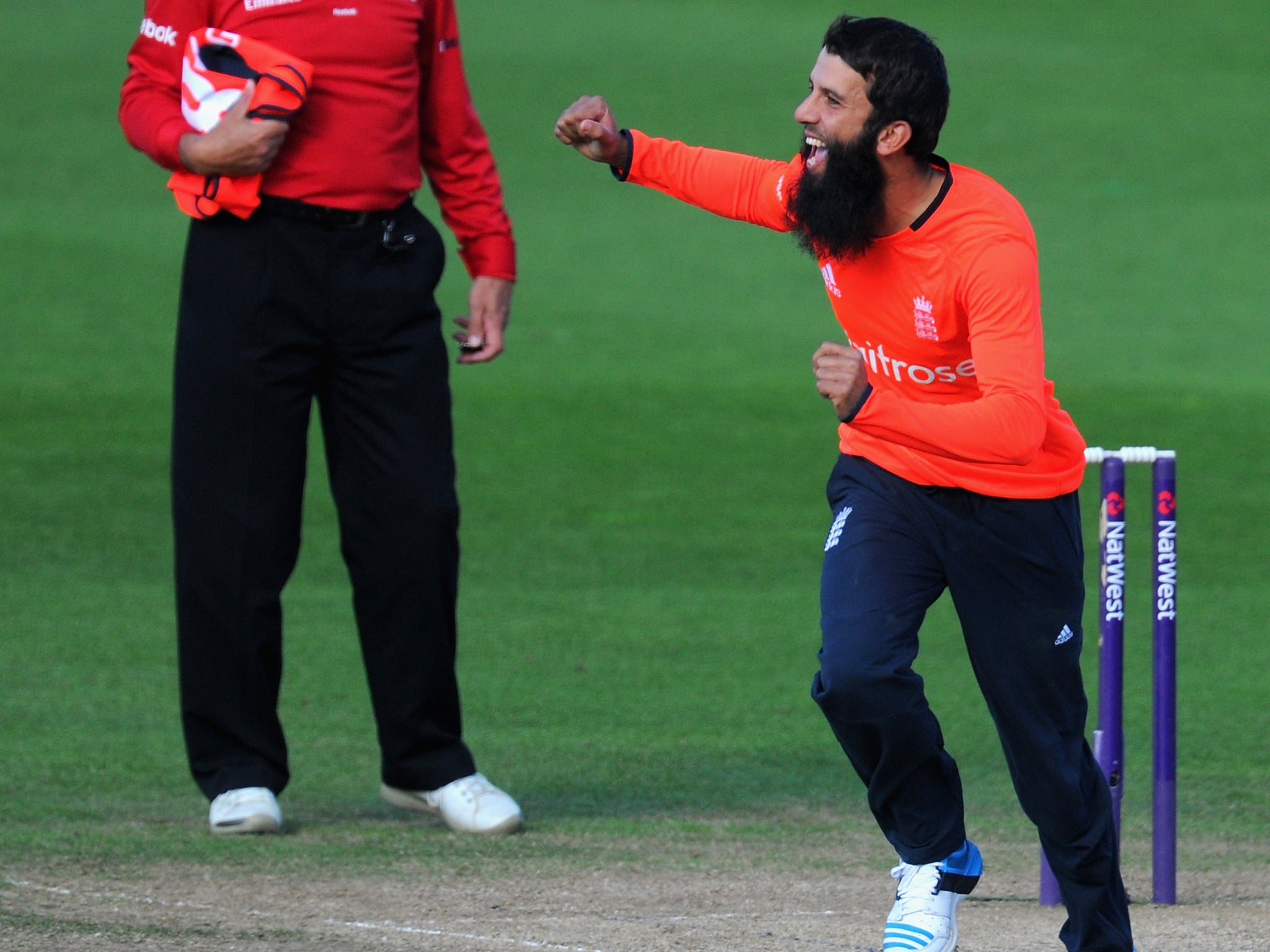 Mooen Ali celebrates taking a wicket during the controversial Twenty20 match against India at Edgbaston