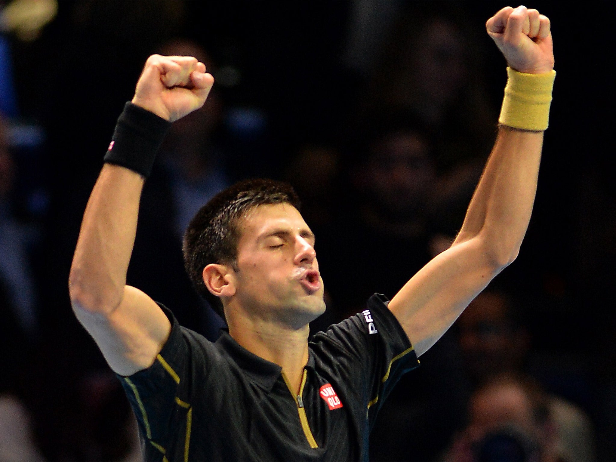 Novak Djokovic celebrates victory over Stanislas Wawrinka