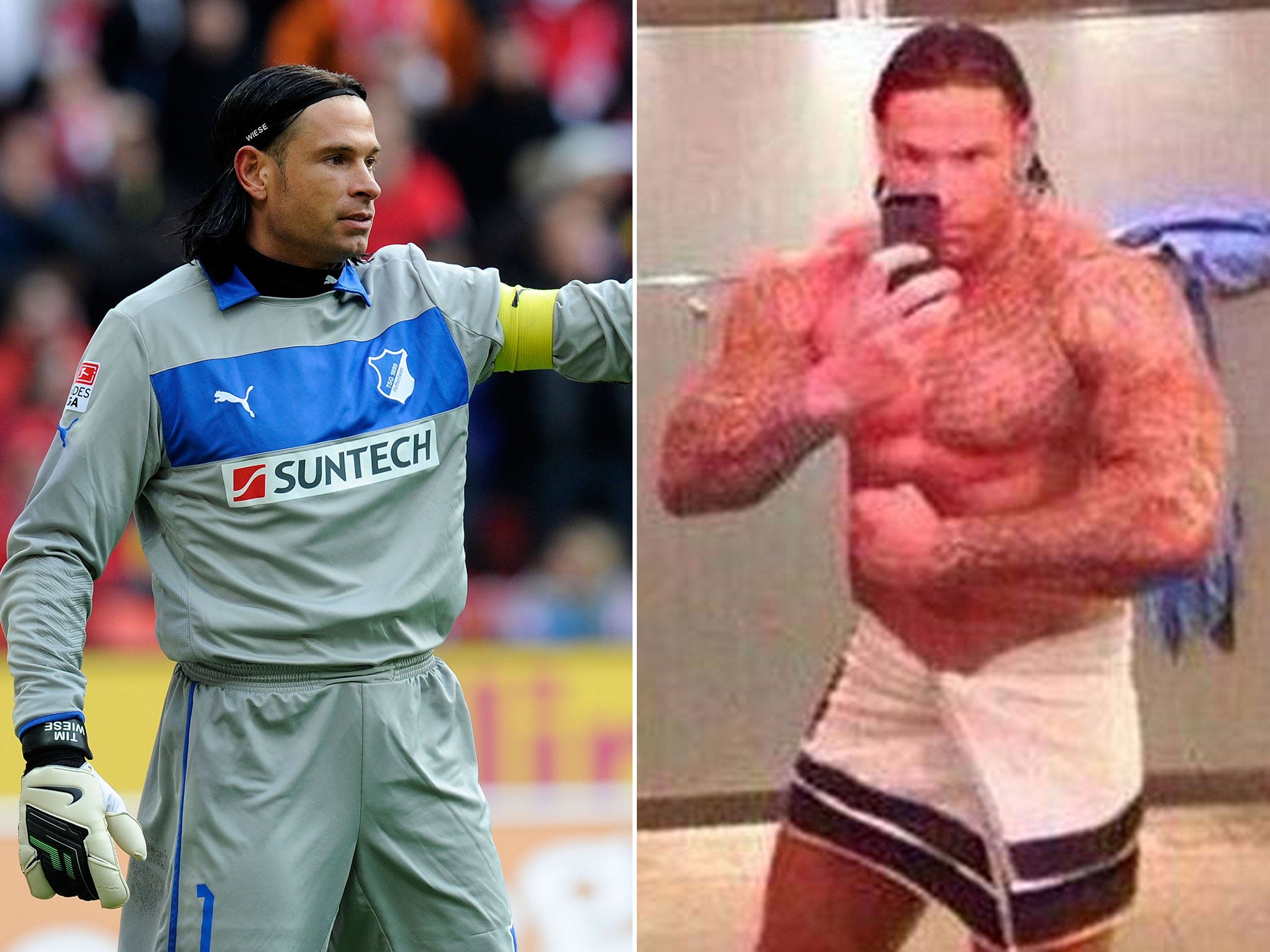Tim Wiese pictured playing football in 2012 (L) and posing in front of a mirror two years later (R)