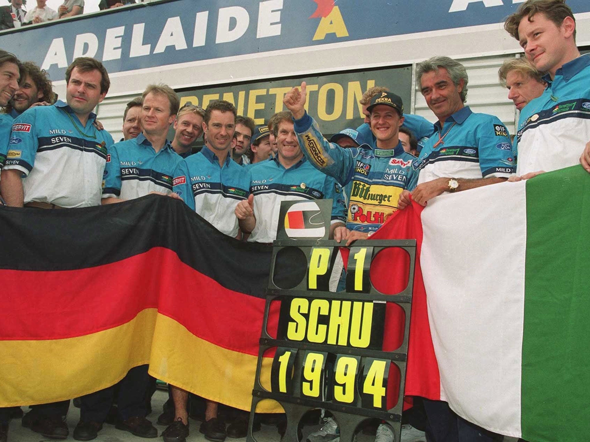 Michael Schumacher celebrates his first F1 Drivers' Championship