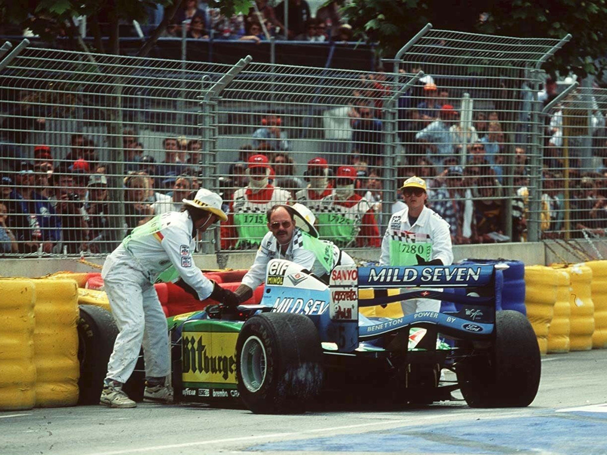 Schumacher ended the race in the barrier but Hill's retirement saw him crowned world champion