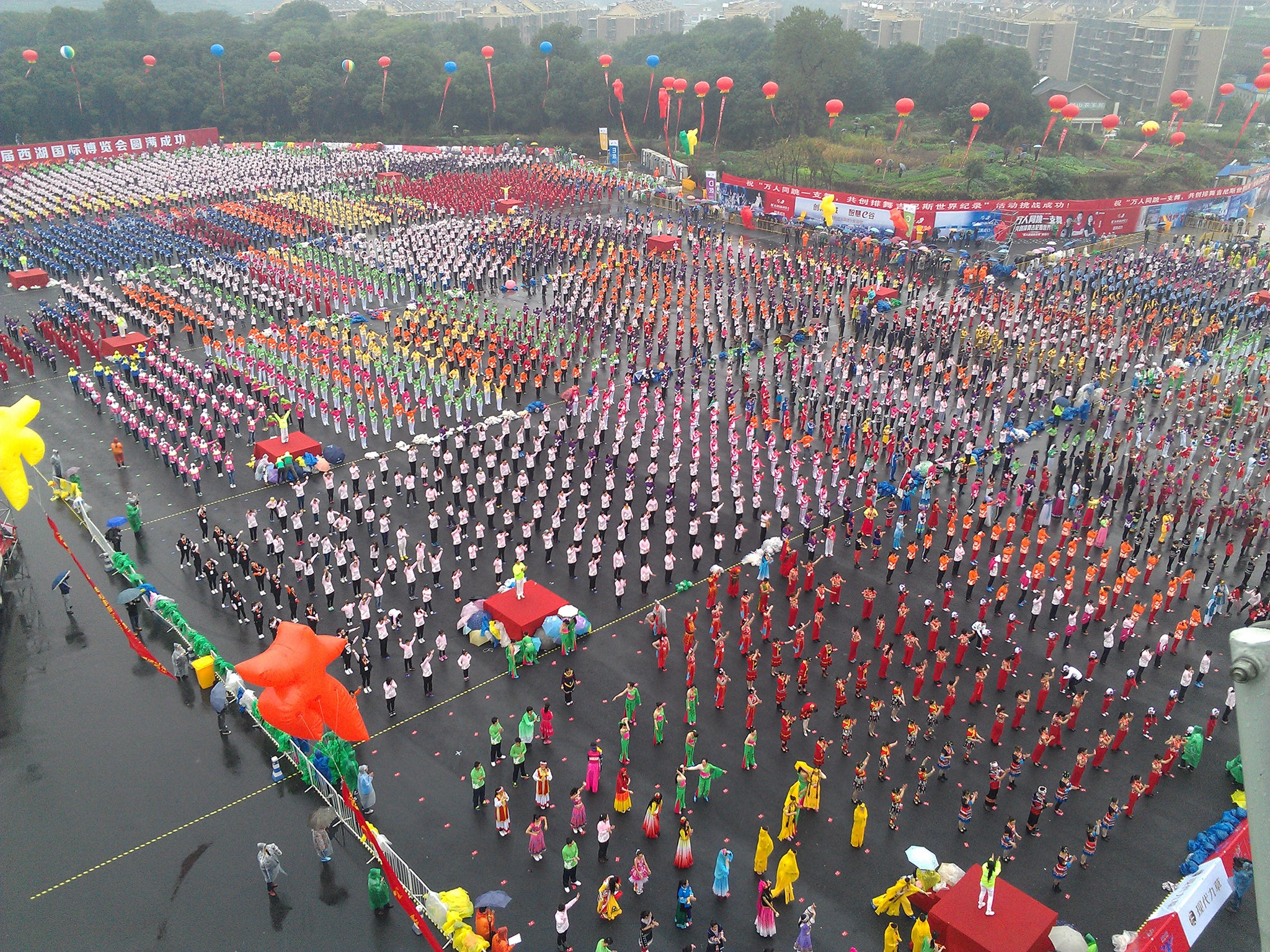The largest line dance (multiple venues) involved 25,703 participants and was achieved by China Line Dance Sport Promotion Center (China) in Hangzhou, Zhejiang, China