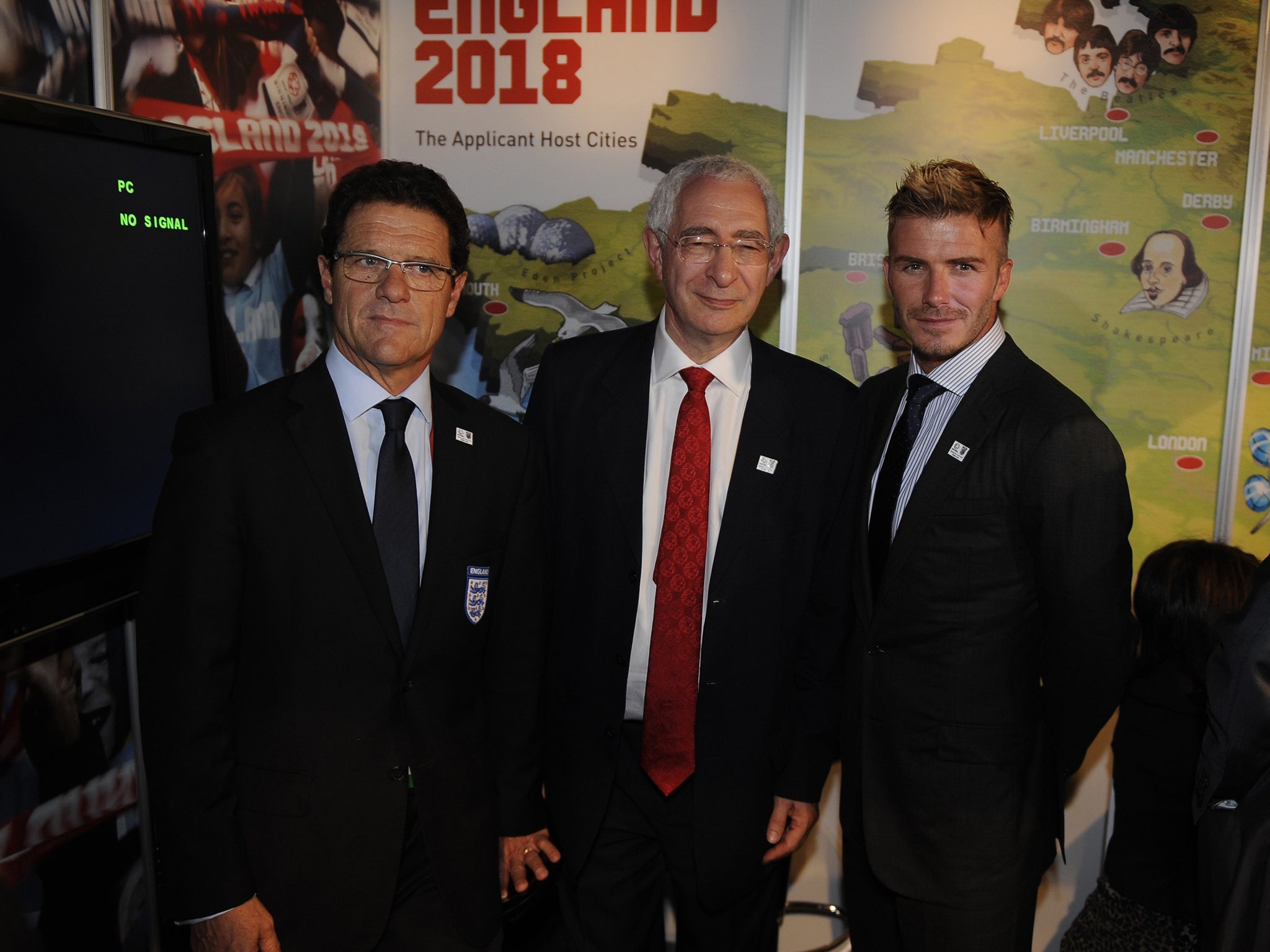 Left to right: England manager Fabio Capello, FA chairman Lord Triesman and David Beckham led the 2018 bid (Getty Images)
