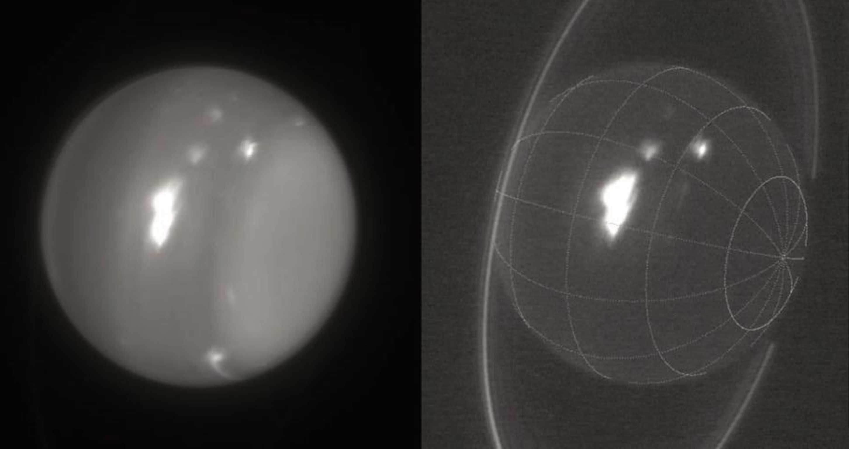 A Keck Observatory handout showing of an infrared image of Uranus with white spots - these are believed to be an extremely large storm that has excited scientists due to the normally bland surface of the ice giant planet