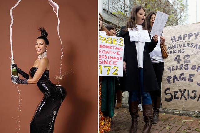 Left: Kim Kardashian's front cover for Paper mag Right: A No More Page 3 protest in London