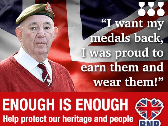 George Gill did not give permission to the BNP to use his image or his quote, and had no idea he was the subject of a recruitment poster, calling it "disgusting"