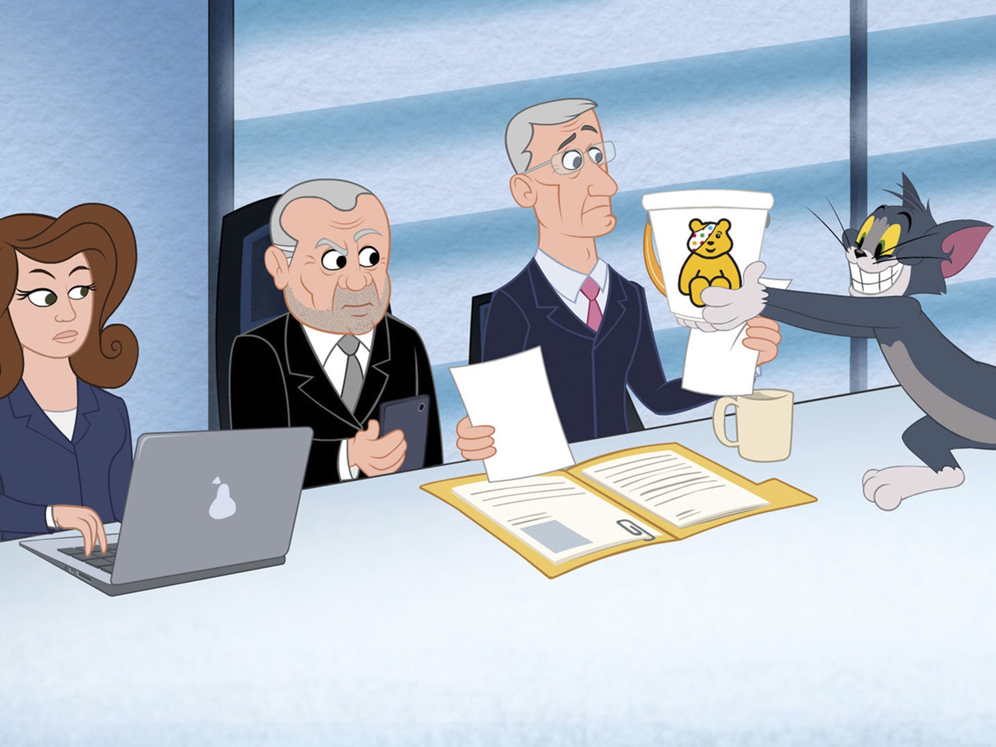 Tom and Jerry call on Lord Alan Sugar, Karren Brady and Nick Hewer in The Apprentice ballroom for Children in Need