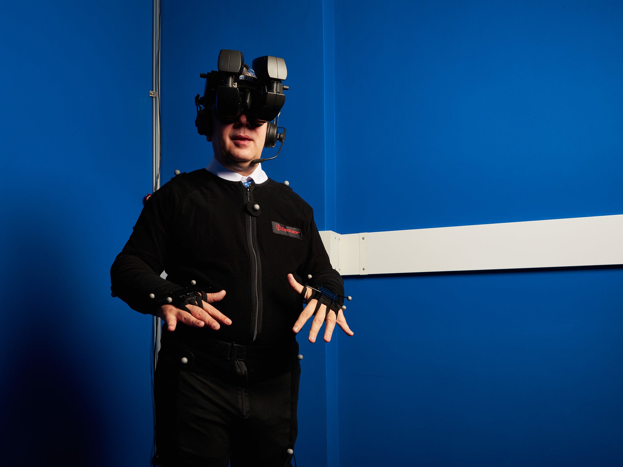 Sean O'Grady tries out a virtual reality suit at the UCL