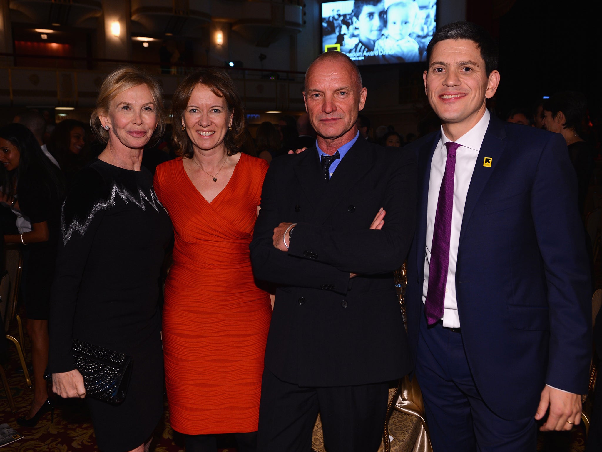 David Miliband (right) with (from left) Trudie Styler, his wife Louise Shackelton, and Sting at a benefit hosted by International Rescue Committee earlier this month