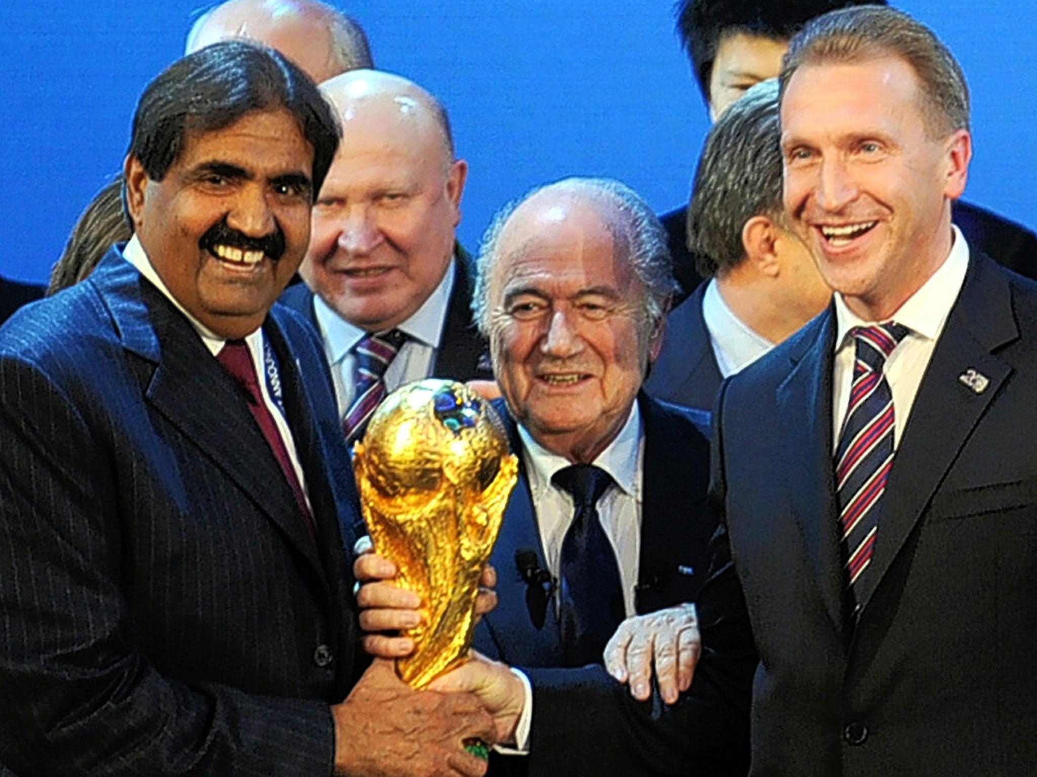 The Emir of Qatar Sheikh Hamad and Russia’s deputy prime minister Igor Shuvalov flank Fifa president Sepp Blatter