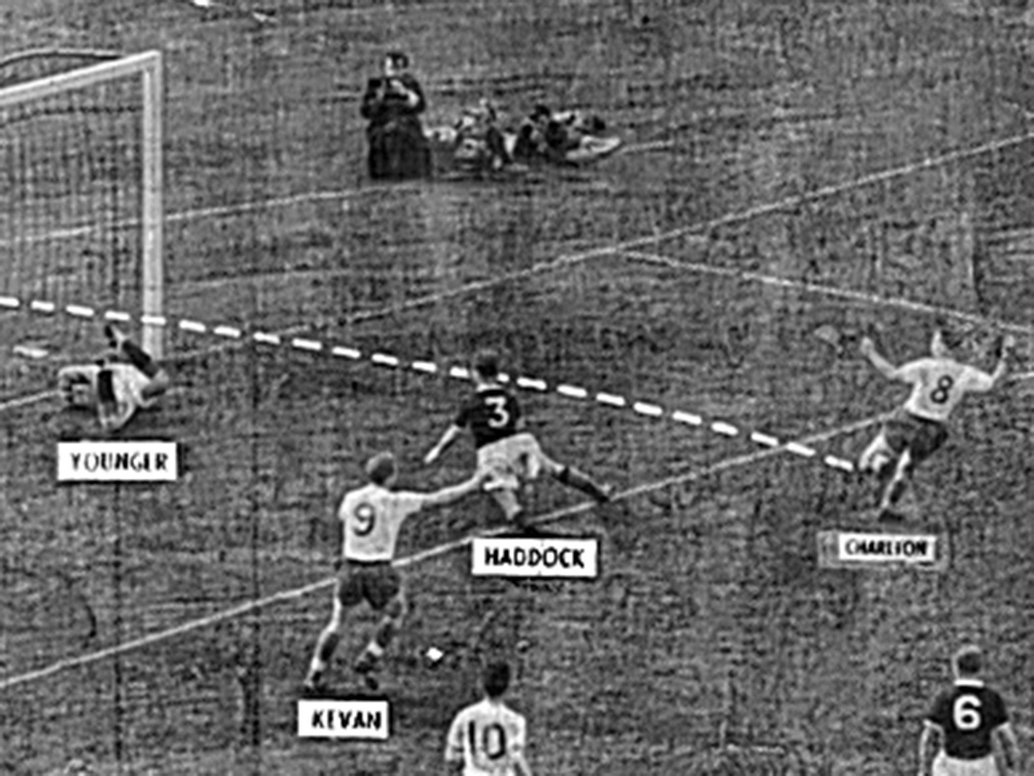 Bobby Charlton nets from Tom Finney’s pin-point cross