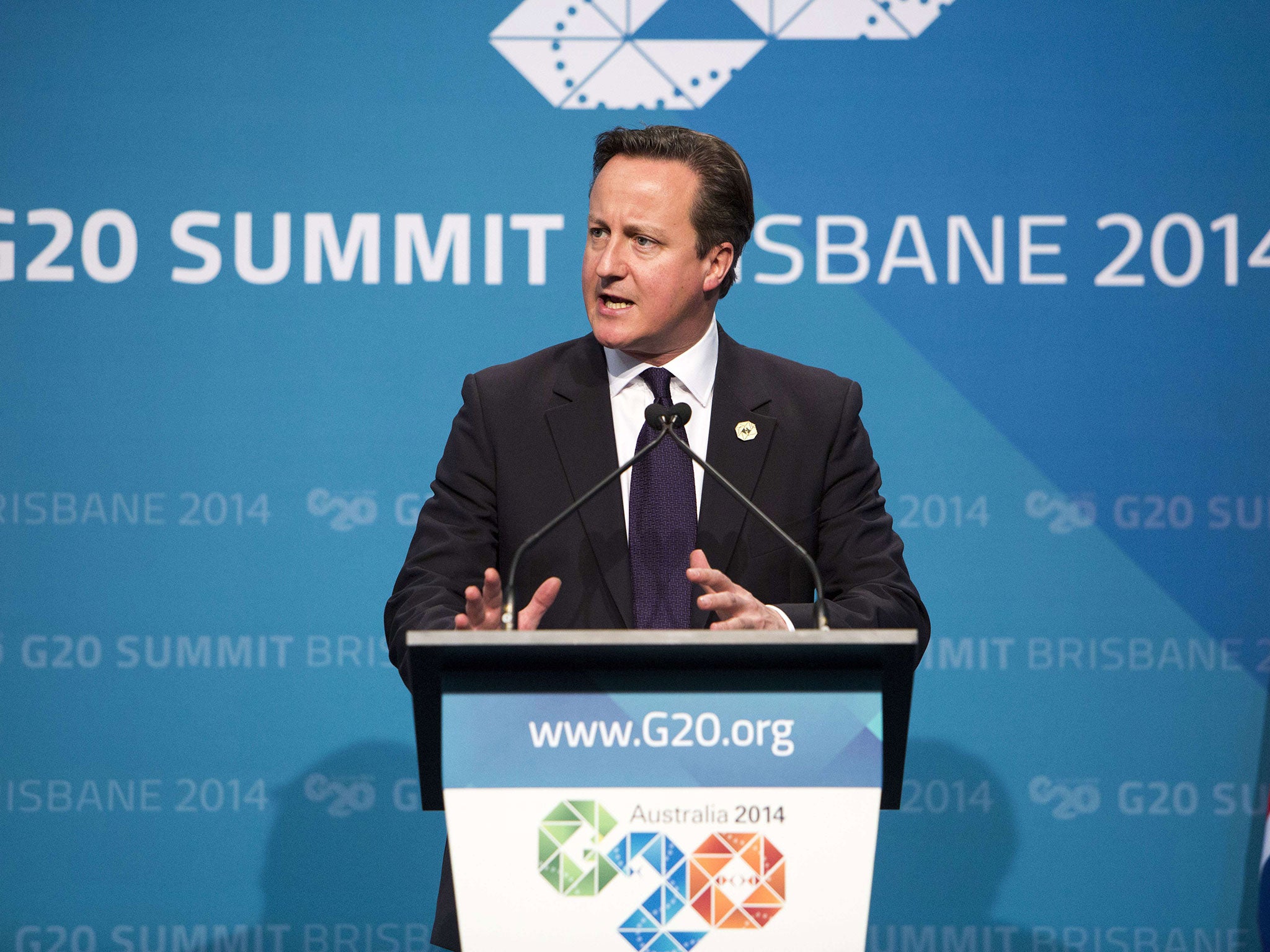 Britain's Prime Minister David Cameron speaks on the final day of the G20 Summit in Brisbane