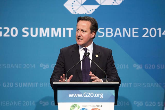 Britain's Prime Minister David Cameron speaks on the final day of the G20 Summit in Brisbane
