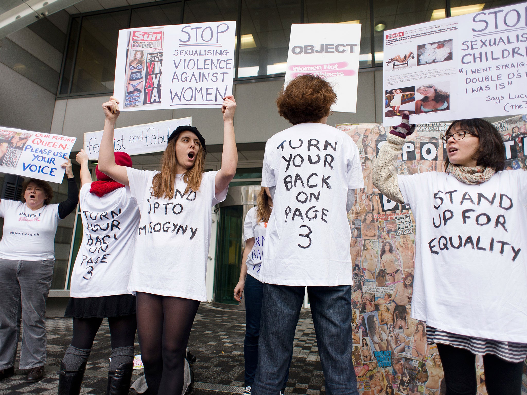 Campaigners from OBJECT and Turn Your Back On Page 3 protest over the Sun newspaper's daily photos of topless female models outside the UK offices of News International in east London