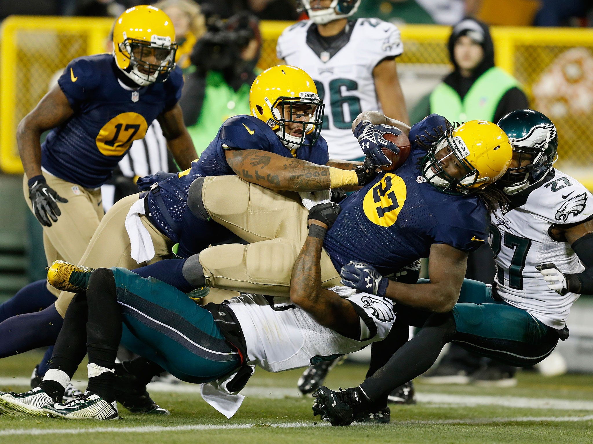 Eddie Lacy attempts to charge over the Philadelphia Eagles defence